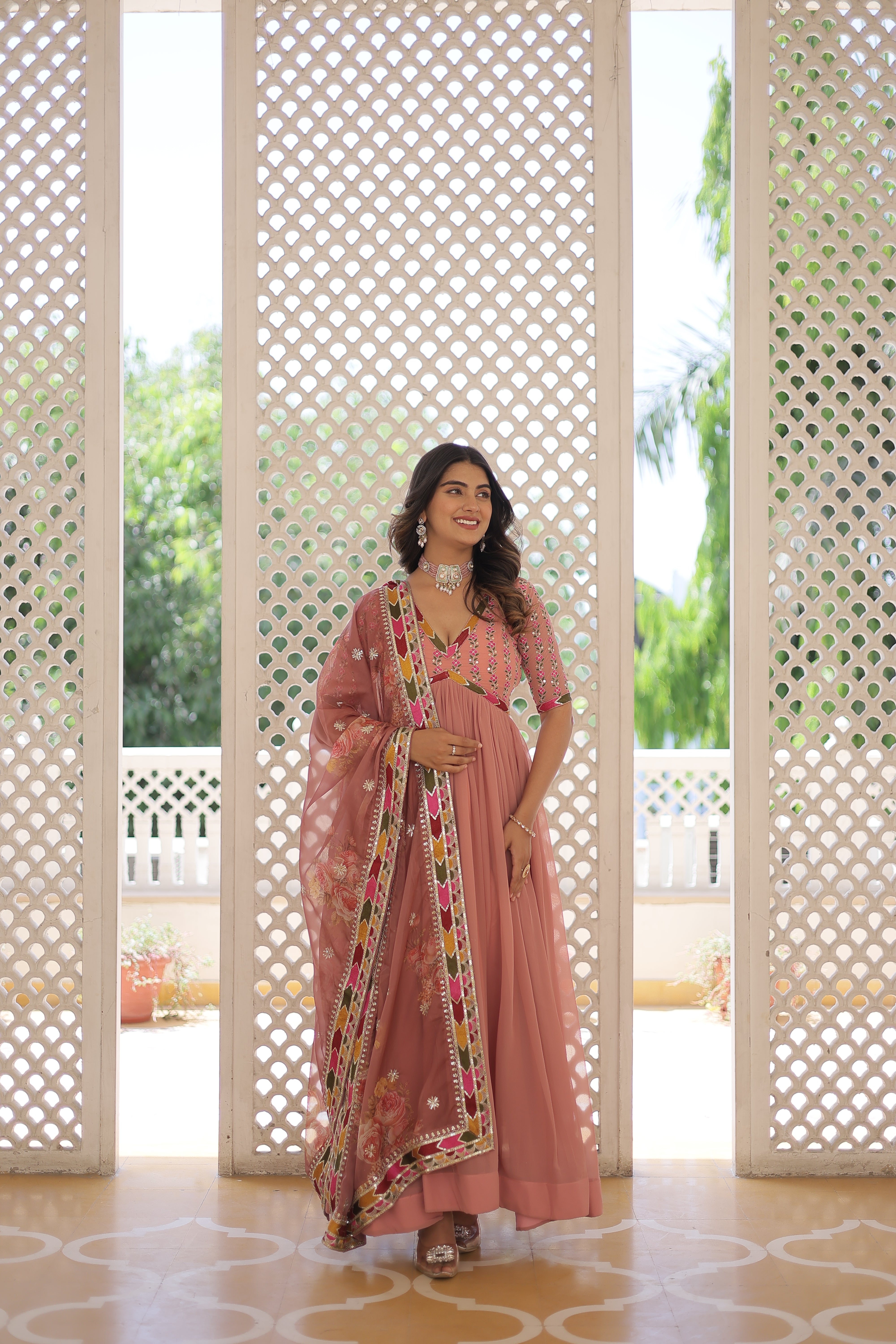 Peach Alia Cut Gown with Dupatta