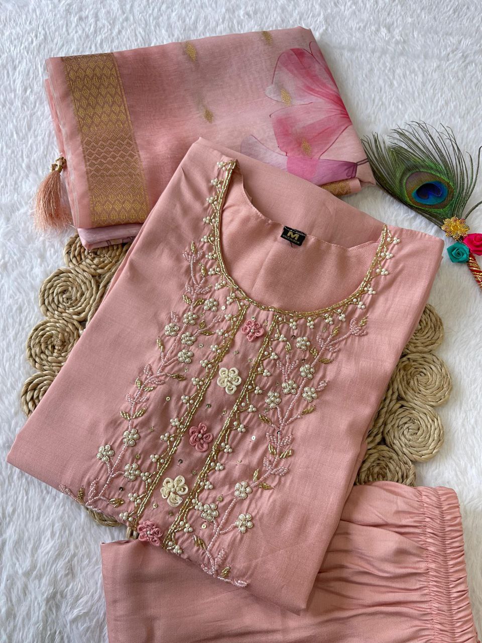 Peach Handwork Kurta Pant Dupatta