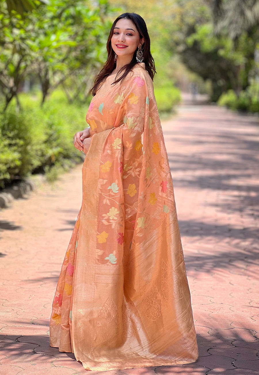 Peach Organza Floral Zari Woven Saree