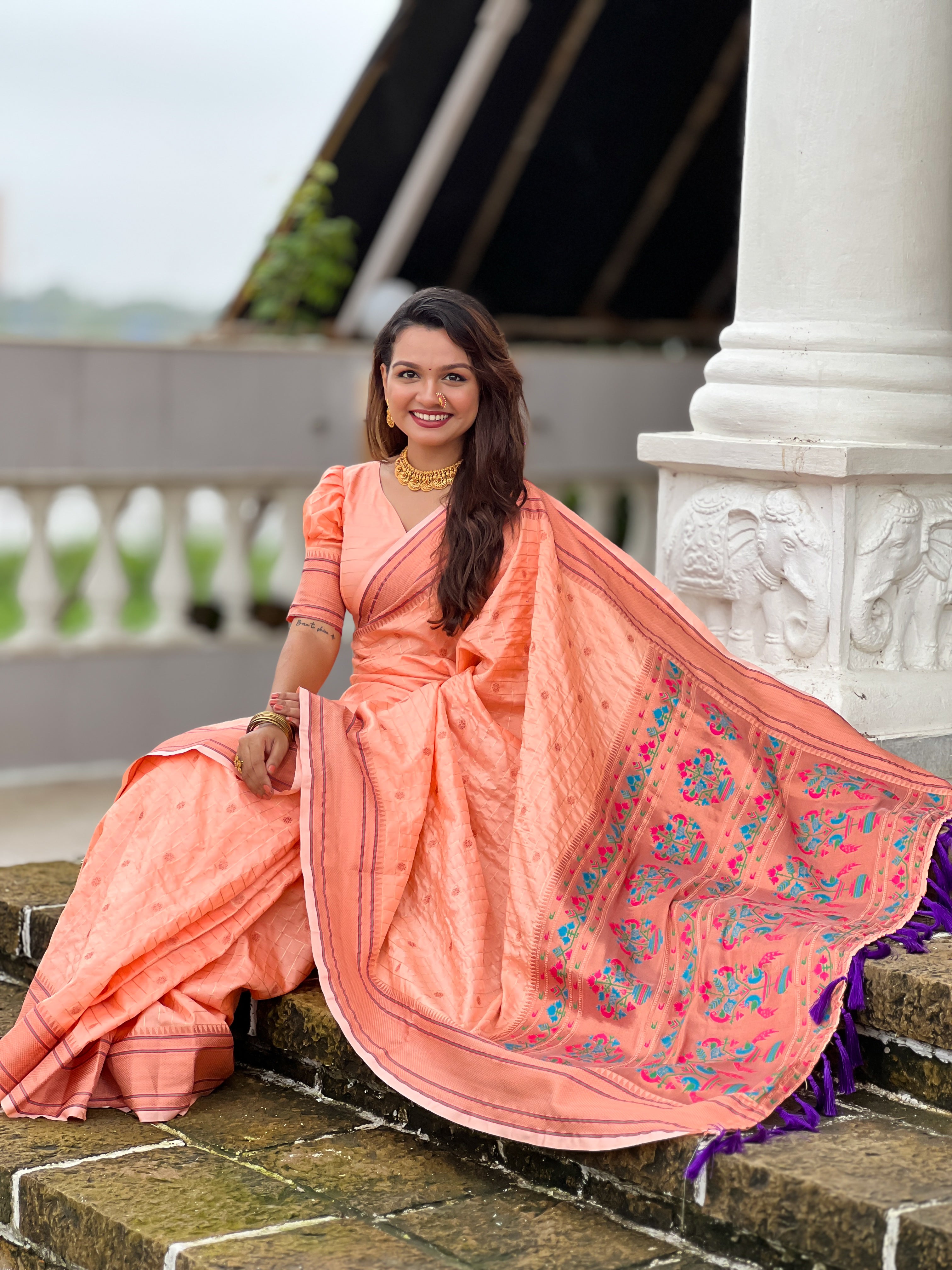 Peach Yeola Muniya Paithani Saree