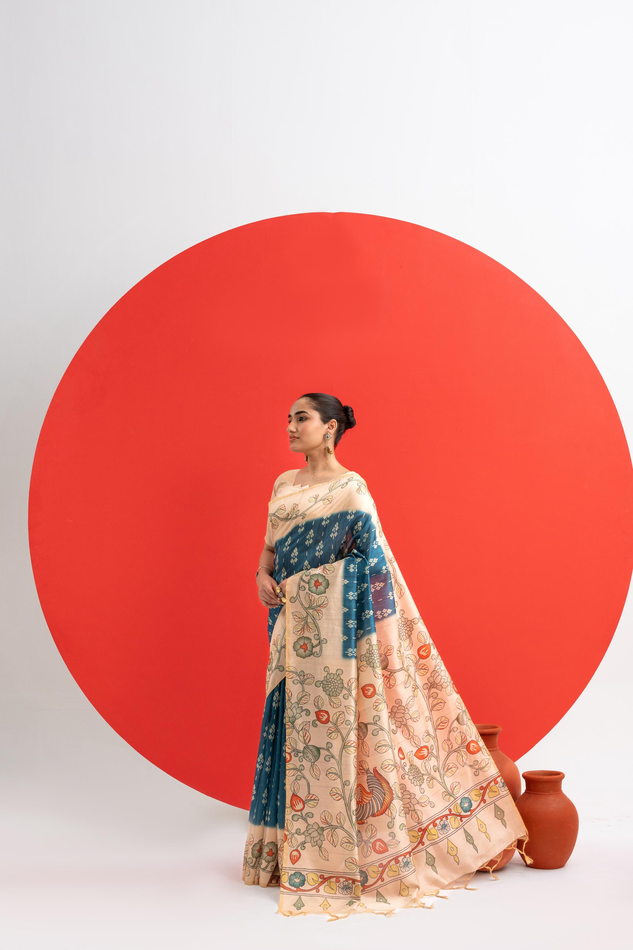 Soft Tussar Silk Saree with Ikat Pattern & Kalamkari Border | Designer Traditional Saree