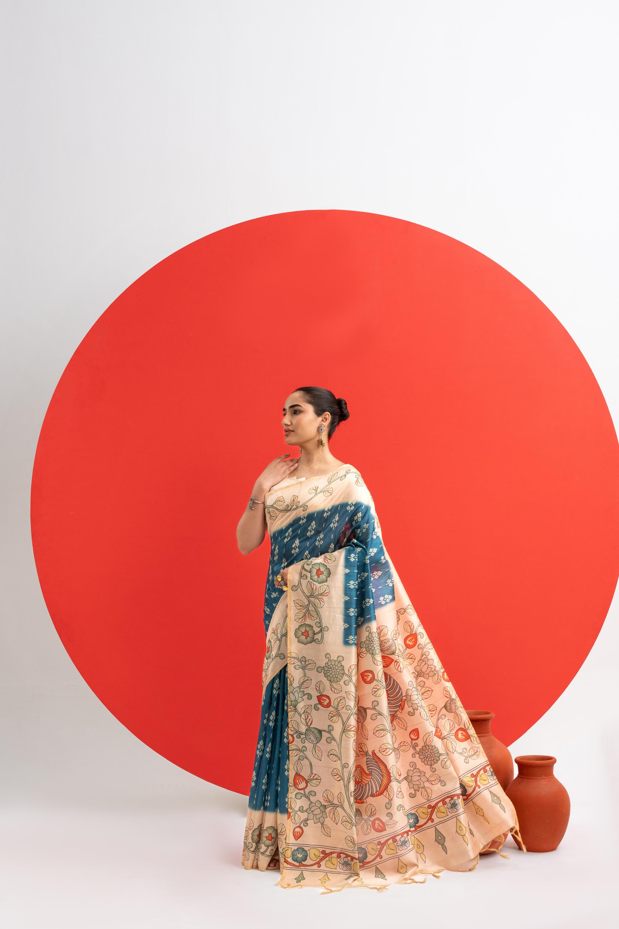 Soft Tussar Silk Saree with Ikat Pattern & Kalamkari Border | Designer Traditional Saree