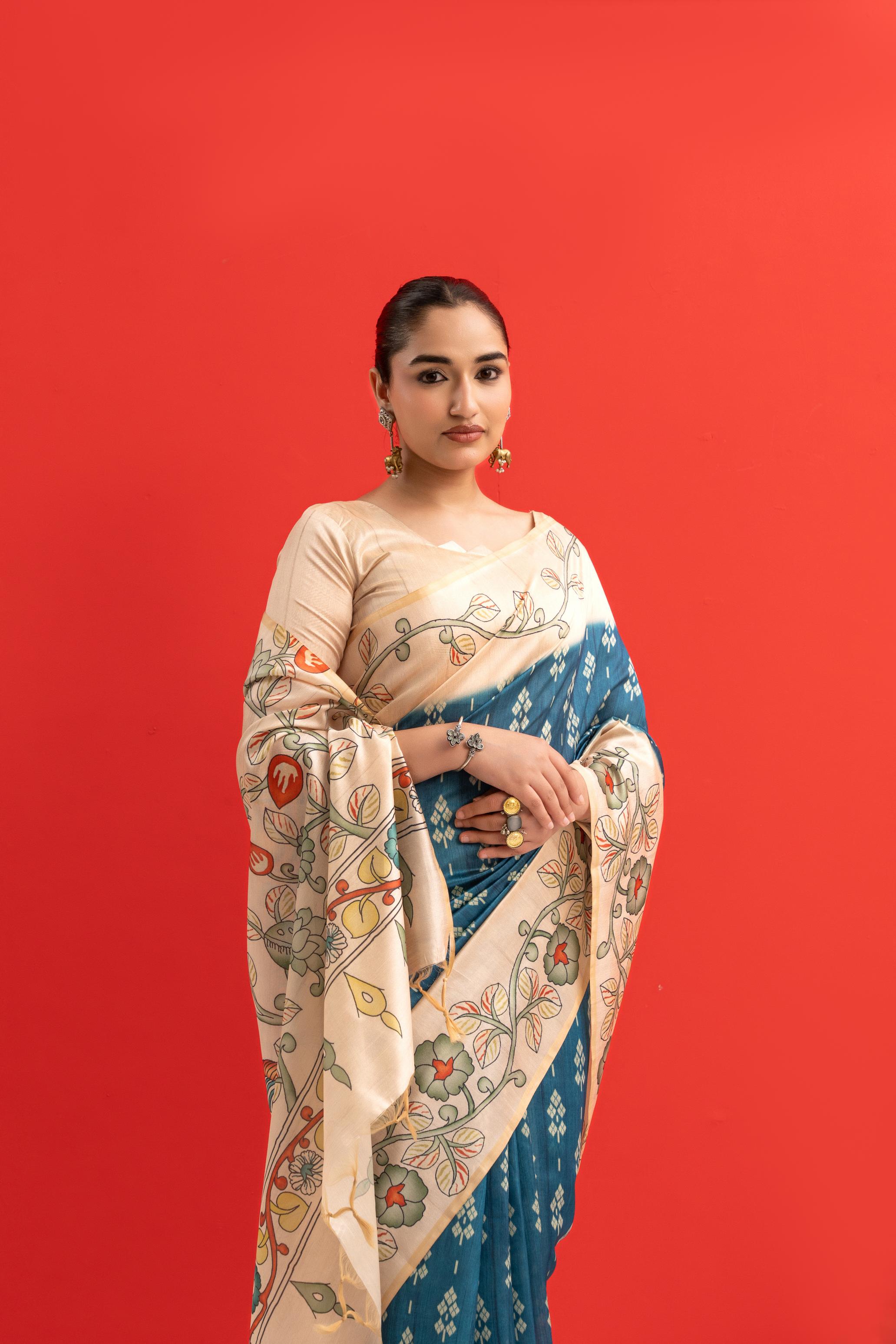 Soft Tussar Silk Saree with Ikat Pattern & Kalamkari Border | Designer Traditional Saree