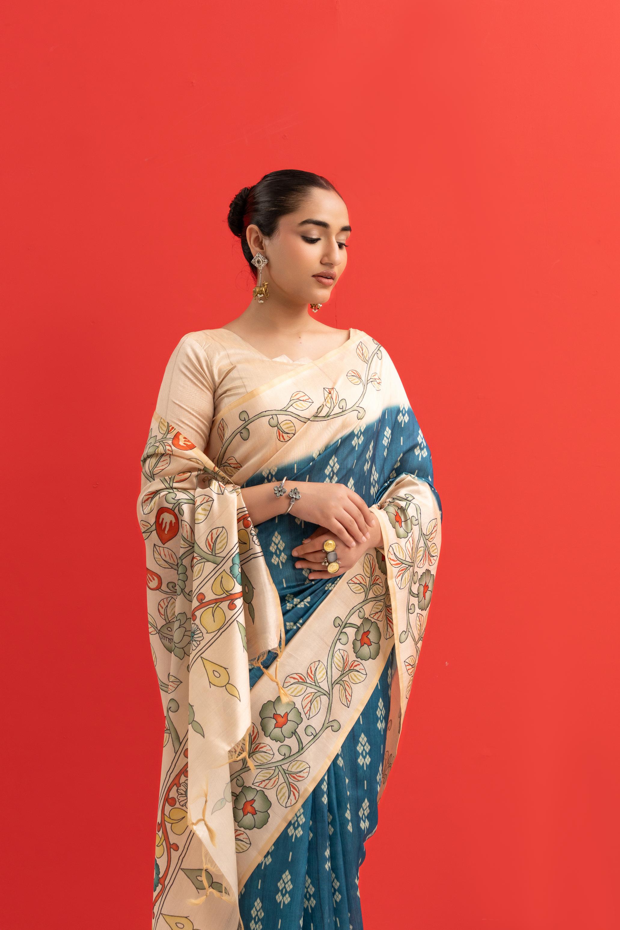 Soft Tussar Silk Saree with Ikat Pattern & Kalamkari Border | Designer Traditional Saree