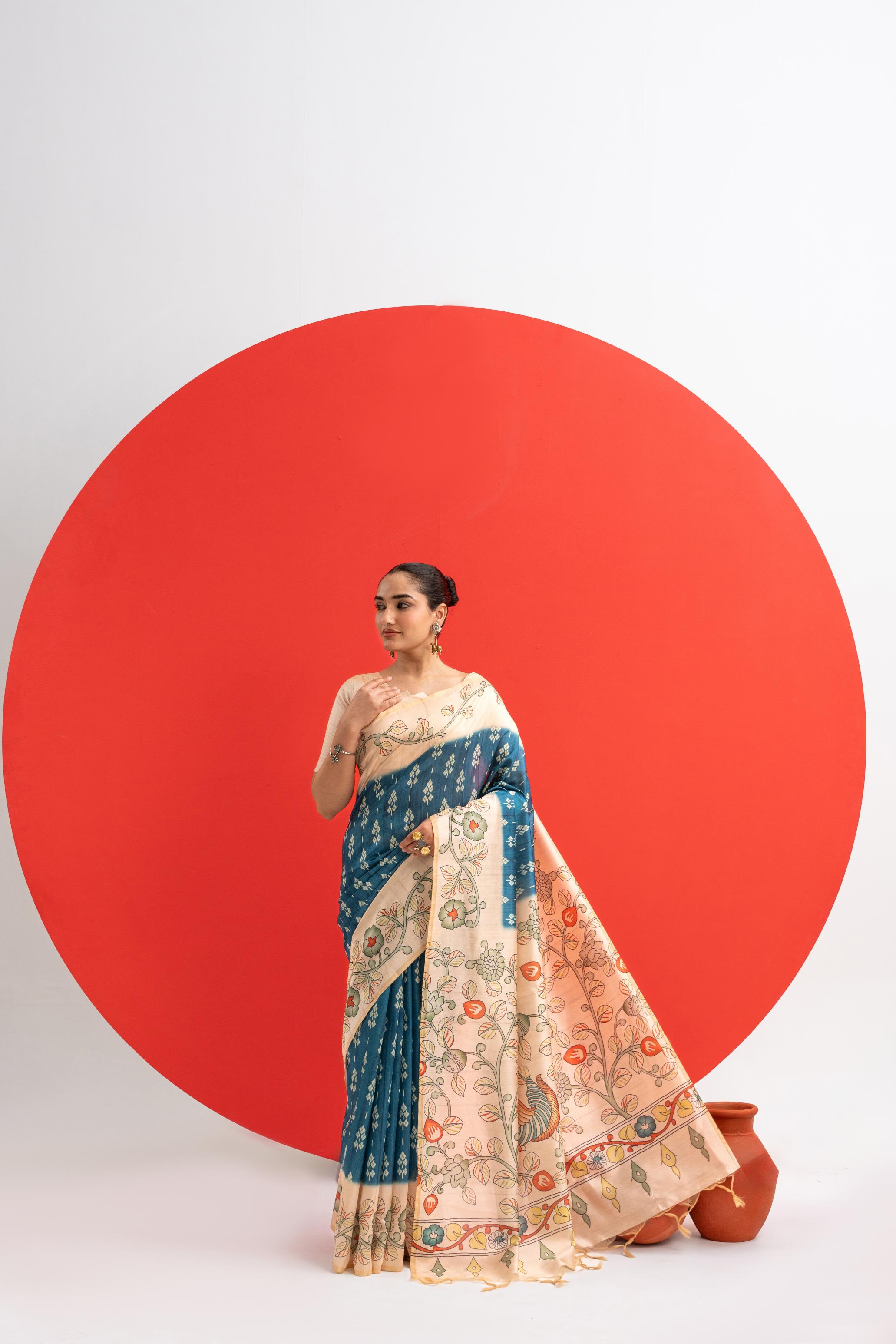 Soft Tussar Silk Saree with Ikat Pattern & Kalamkari Border | Designer Traditional Saree