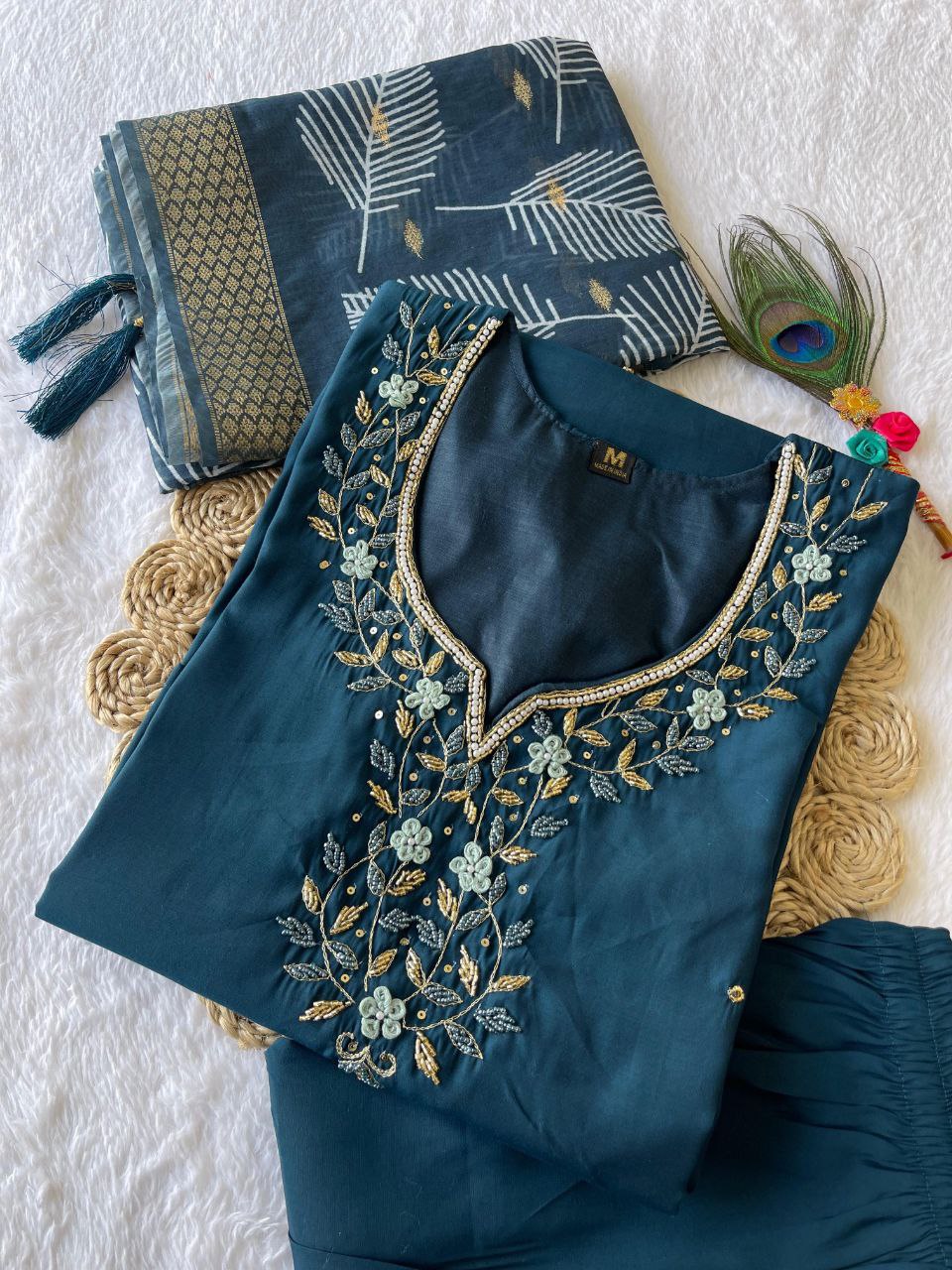 Peacock Handwork Kurti Pant Dupatta Set