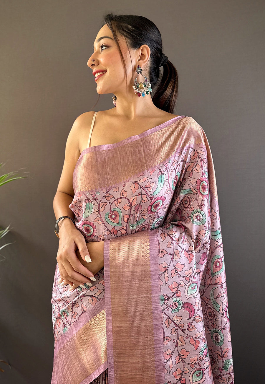 Pink Assam Silk Kalamkari Printed Saree