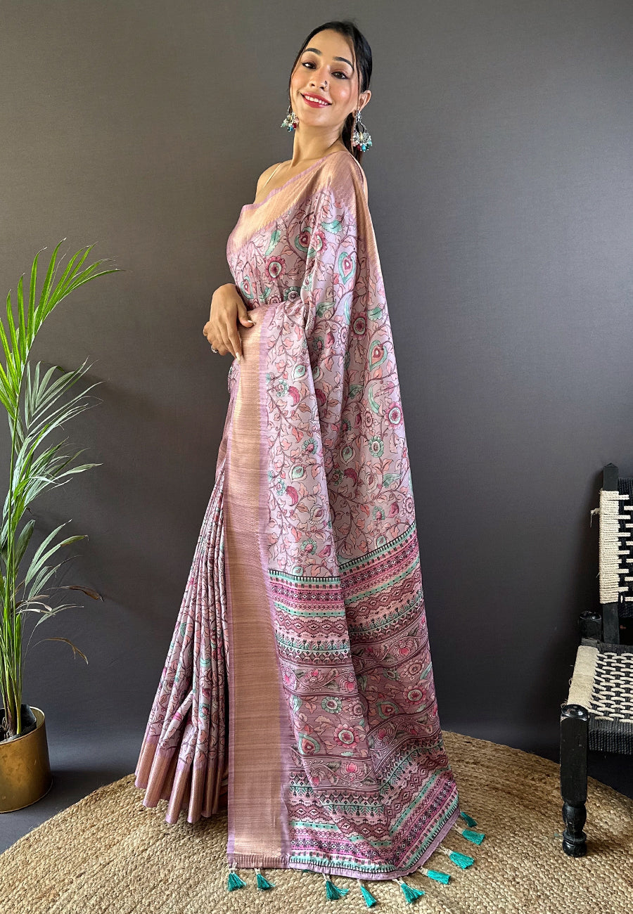 Pink Assam Silk Kalamkari Printed Saree