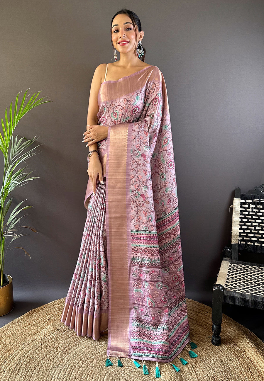 Pink Assam Silk Kalamkari Printed Saree