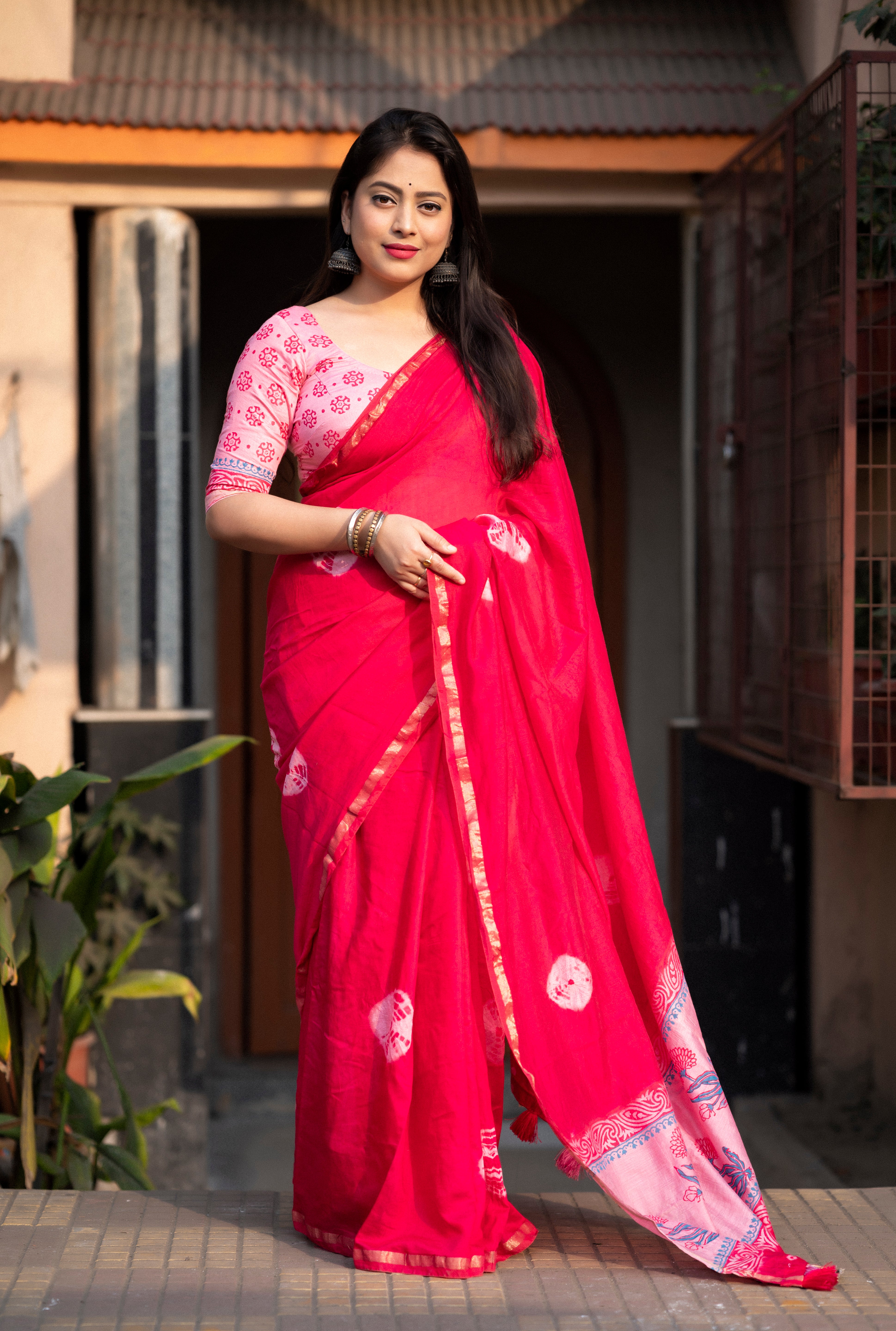 Pink Chanderi Cotton Shibori Print Sari