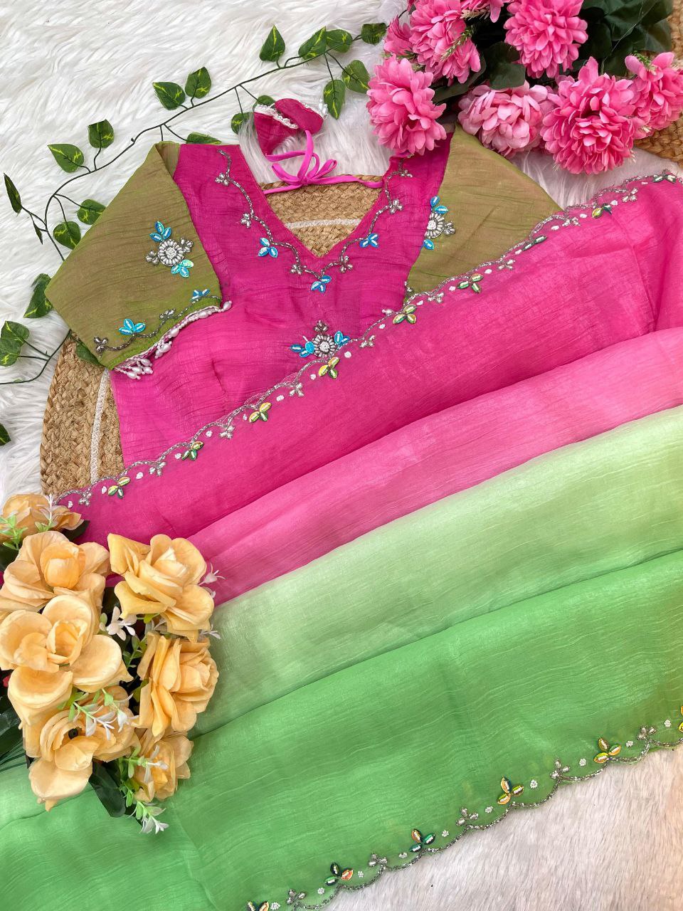Pink Green Designer Handwork Saree with Stitched Blouse | Nardev Fashion | Party & Festive Wear 