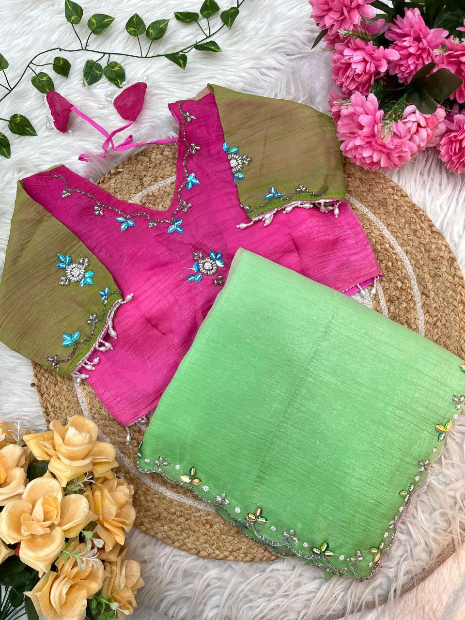Pink Green Designer Handwork Saree with Stitched Blouse | Nardev Fashion | Party & Festive Wear 