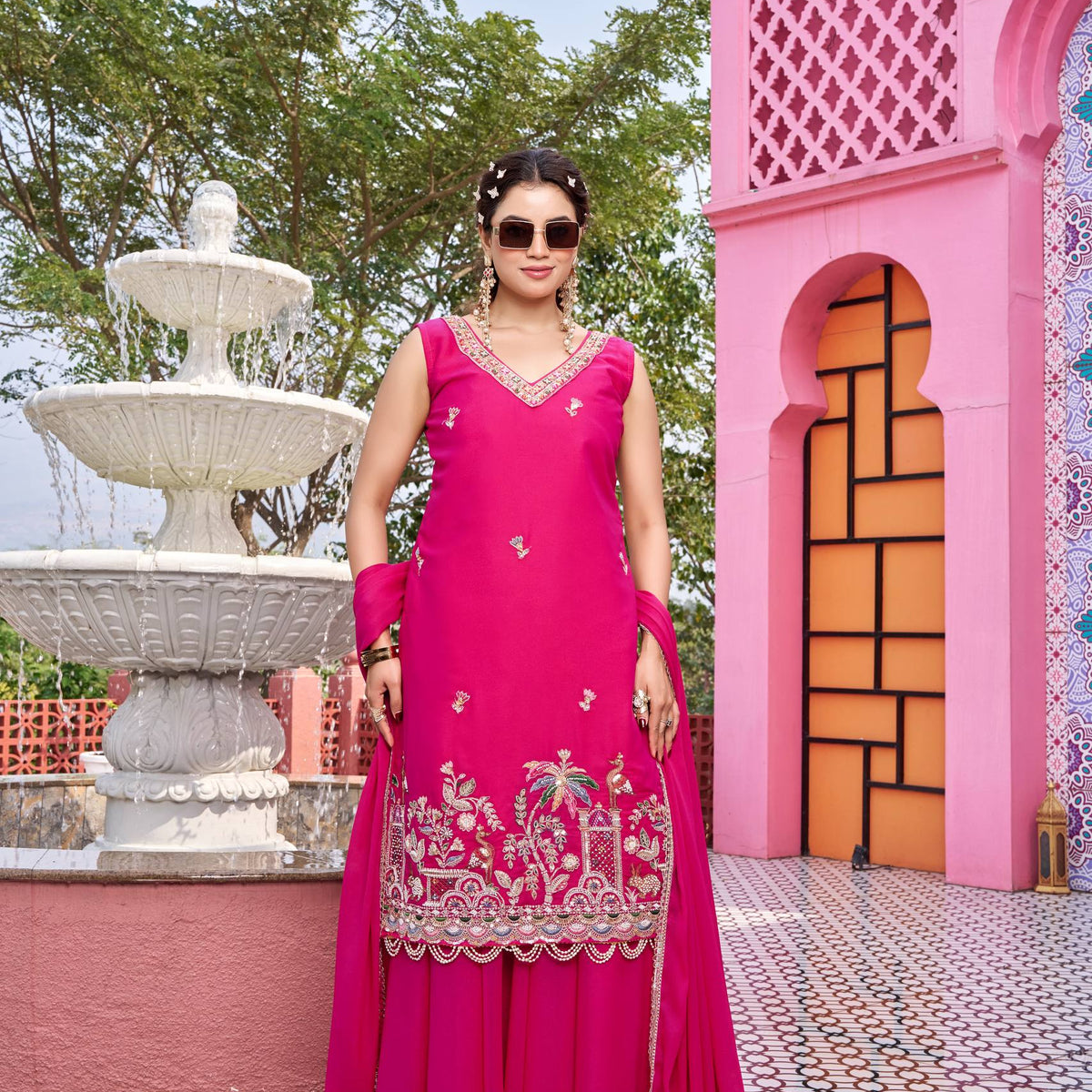 strapless open back dress Pink Haldi Special Designer Kurti Plazzo Dupatta Set with Moti Work