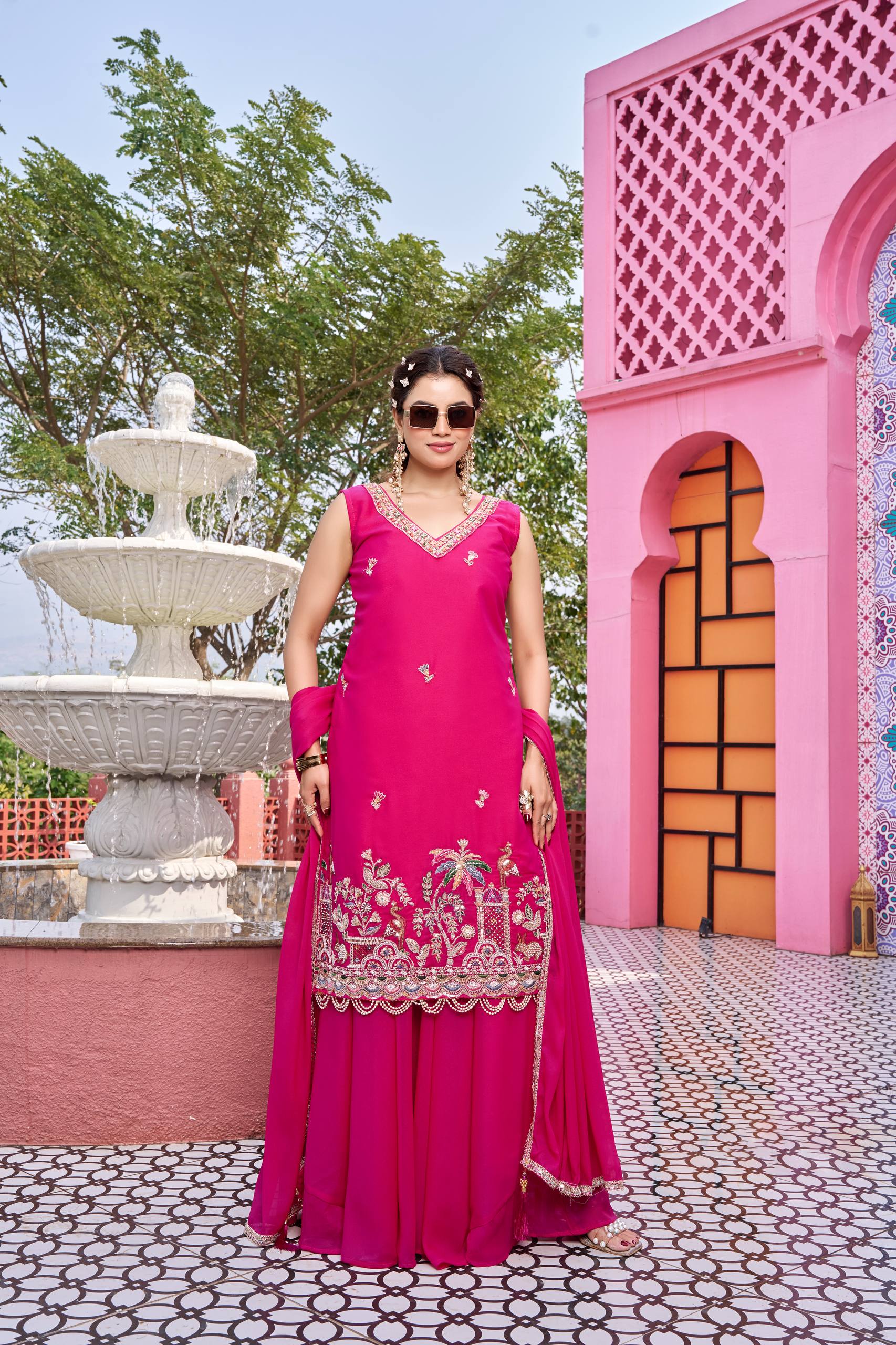 Pink Haldi Special Designer Kurti Plazzo Dupatta Set with Moti Work | Nardev Fashion 