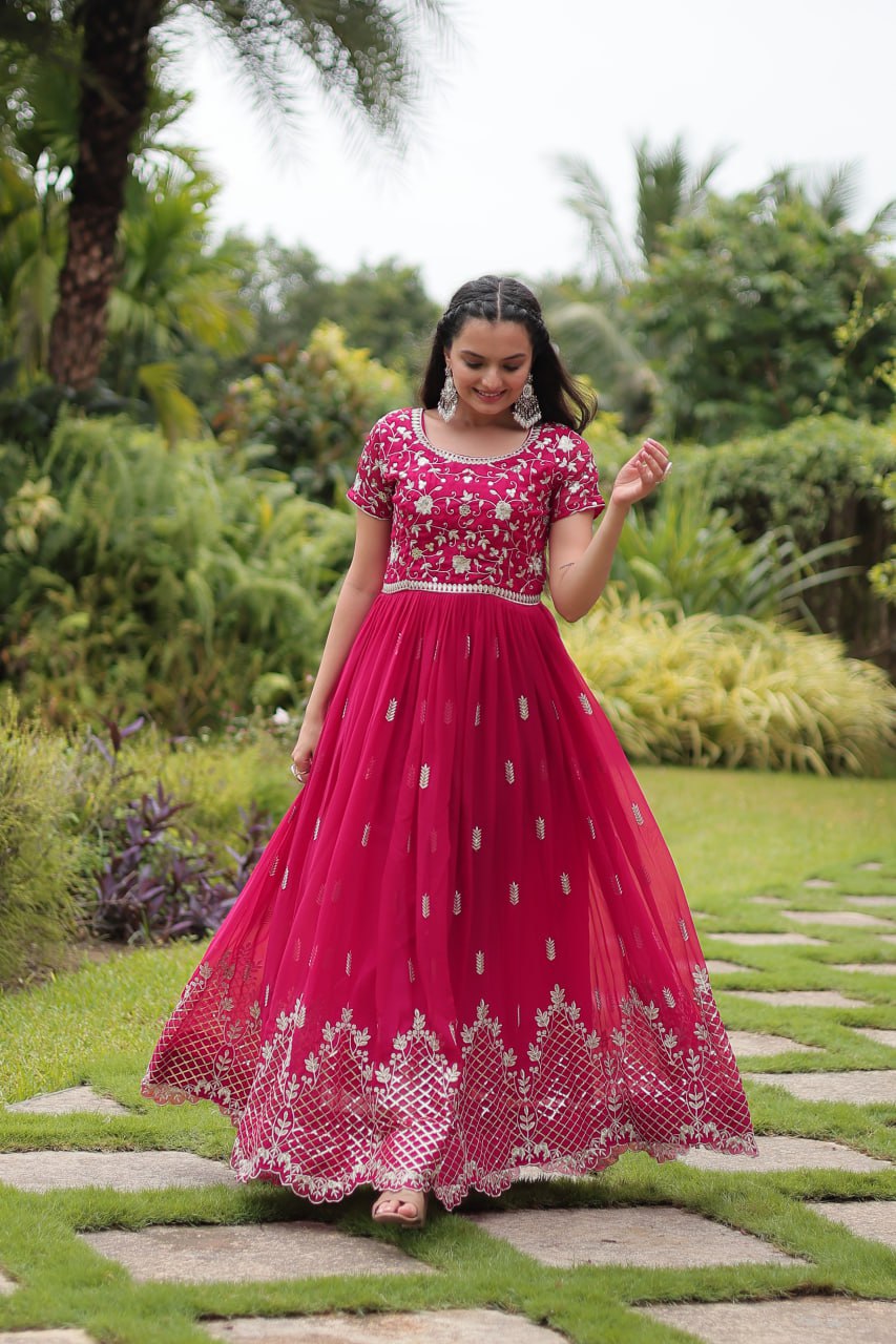 Pink Partywear Flaired Ethnic Gown