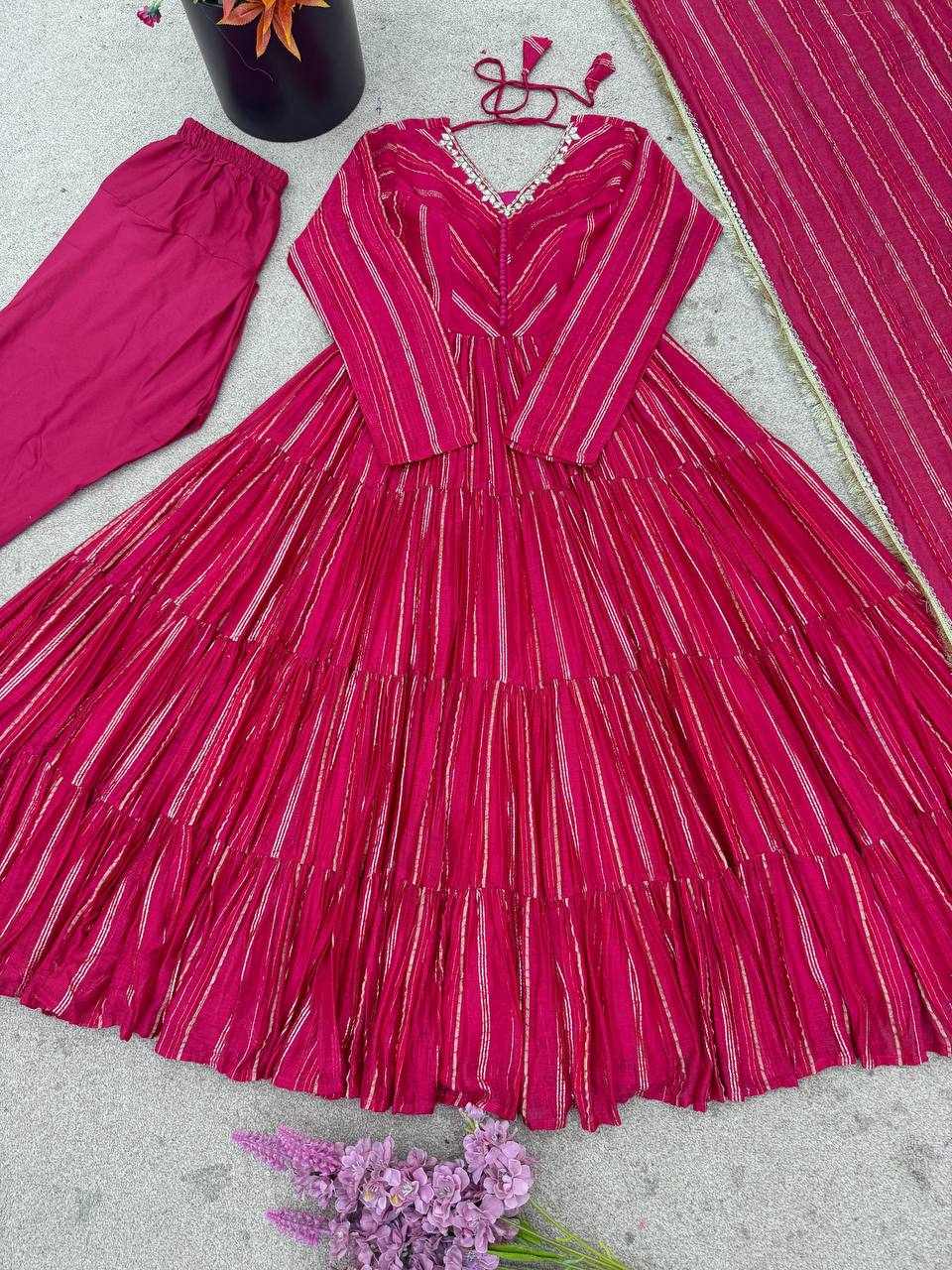 Pink Ruffle Flaired Gown for Wedding Events | Nardev Fashion