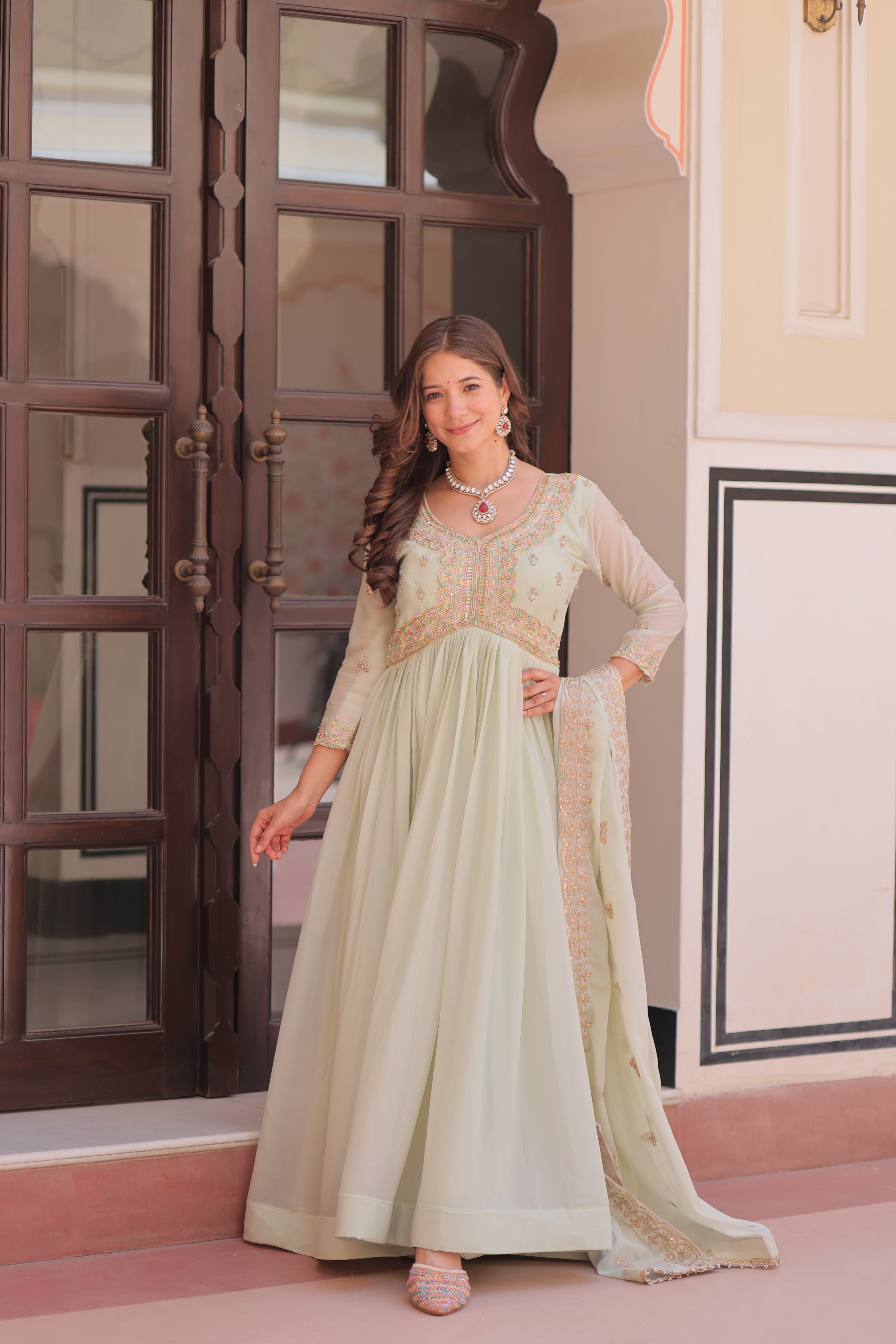 Pista Color Festival Anarkali with Dupatta - Diwali Special Outfits for Women