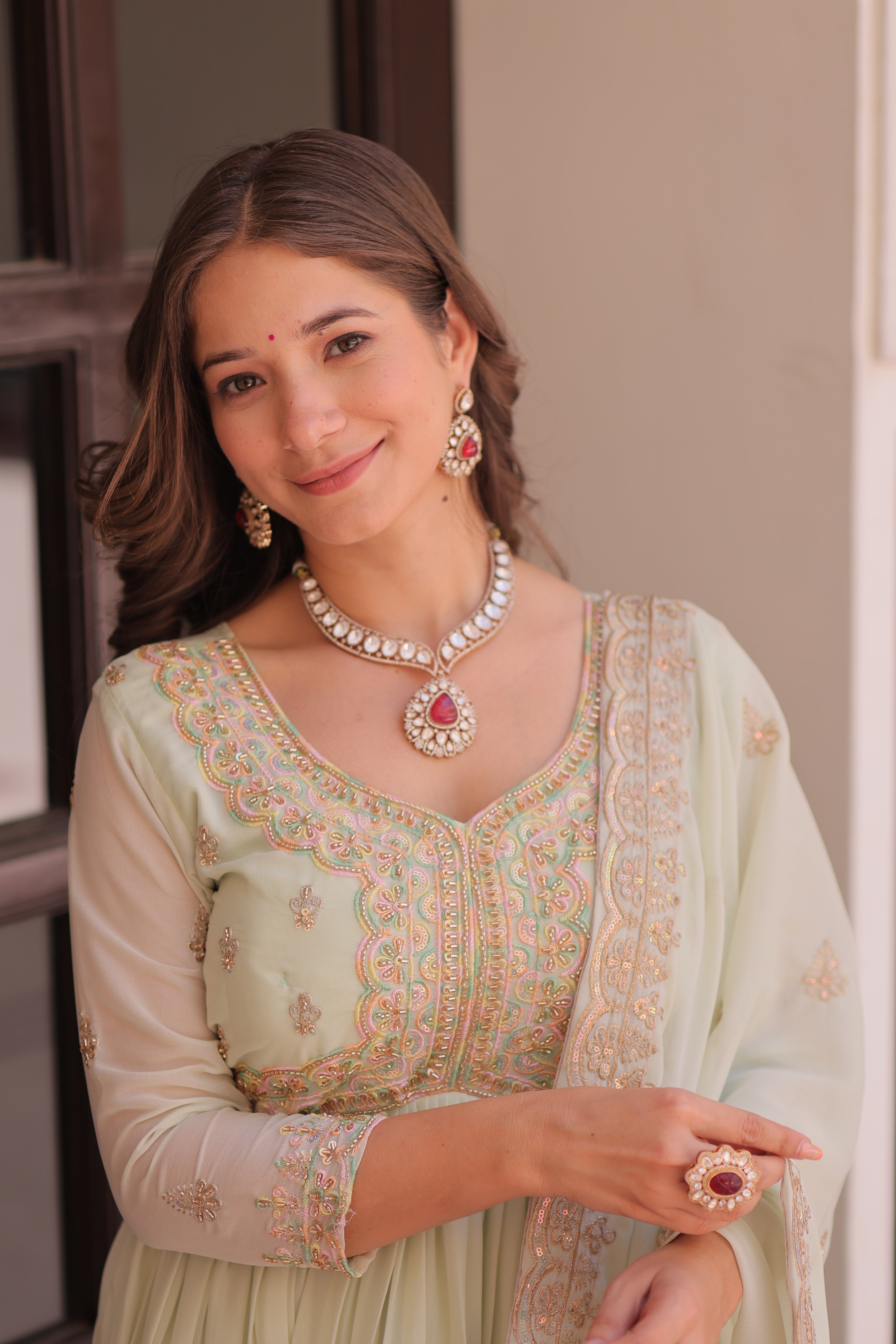 Pista Color Festival Anarkali with Dupatta - Diwali Special Outfits for Women