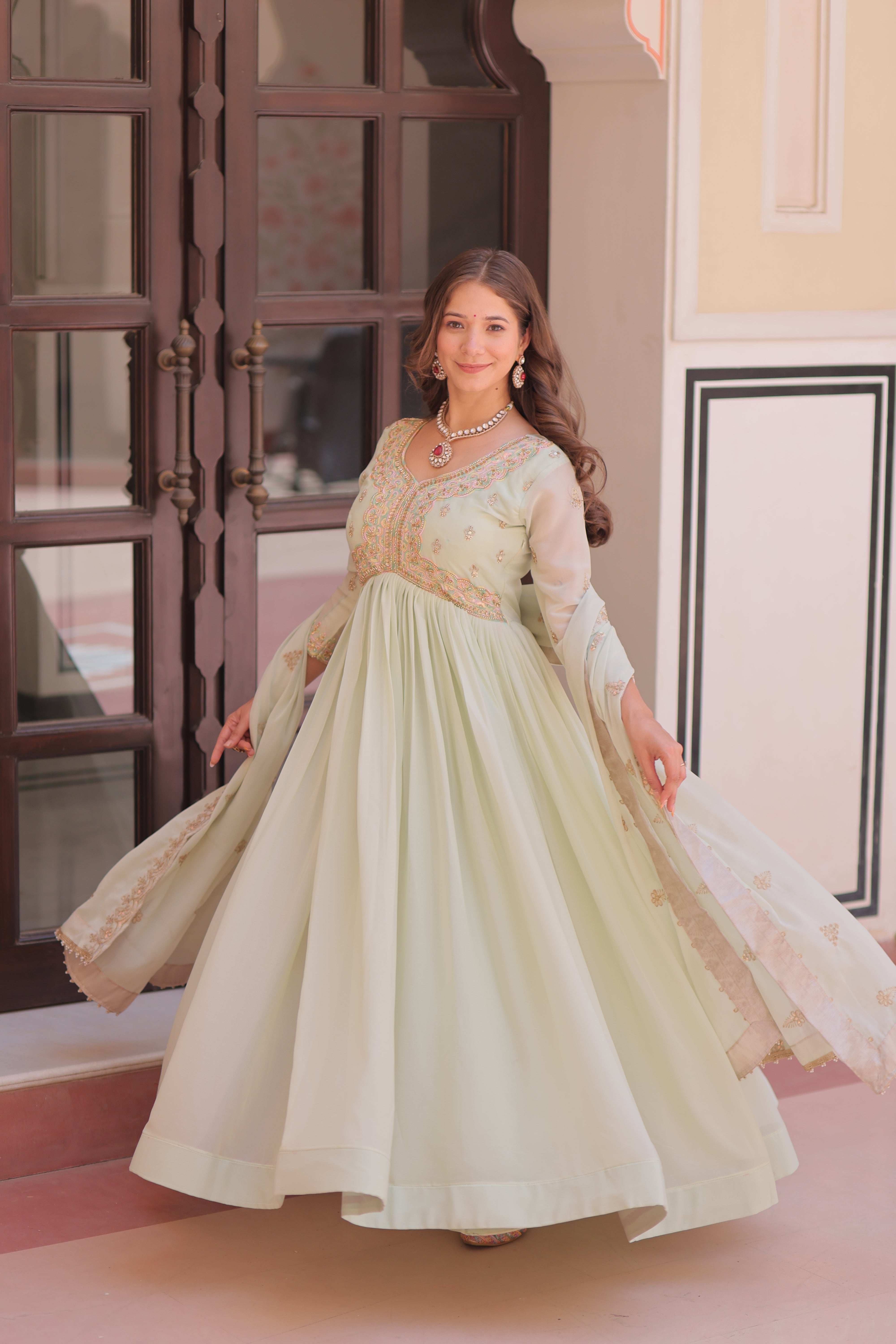 Pista Color Festival Anarkali with Dupatta - Diwali Special Outfits for Women