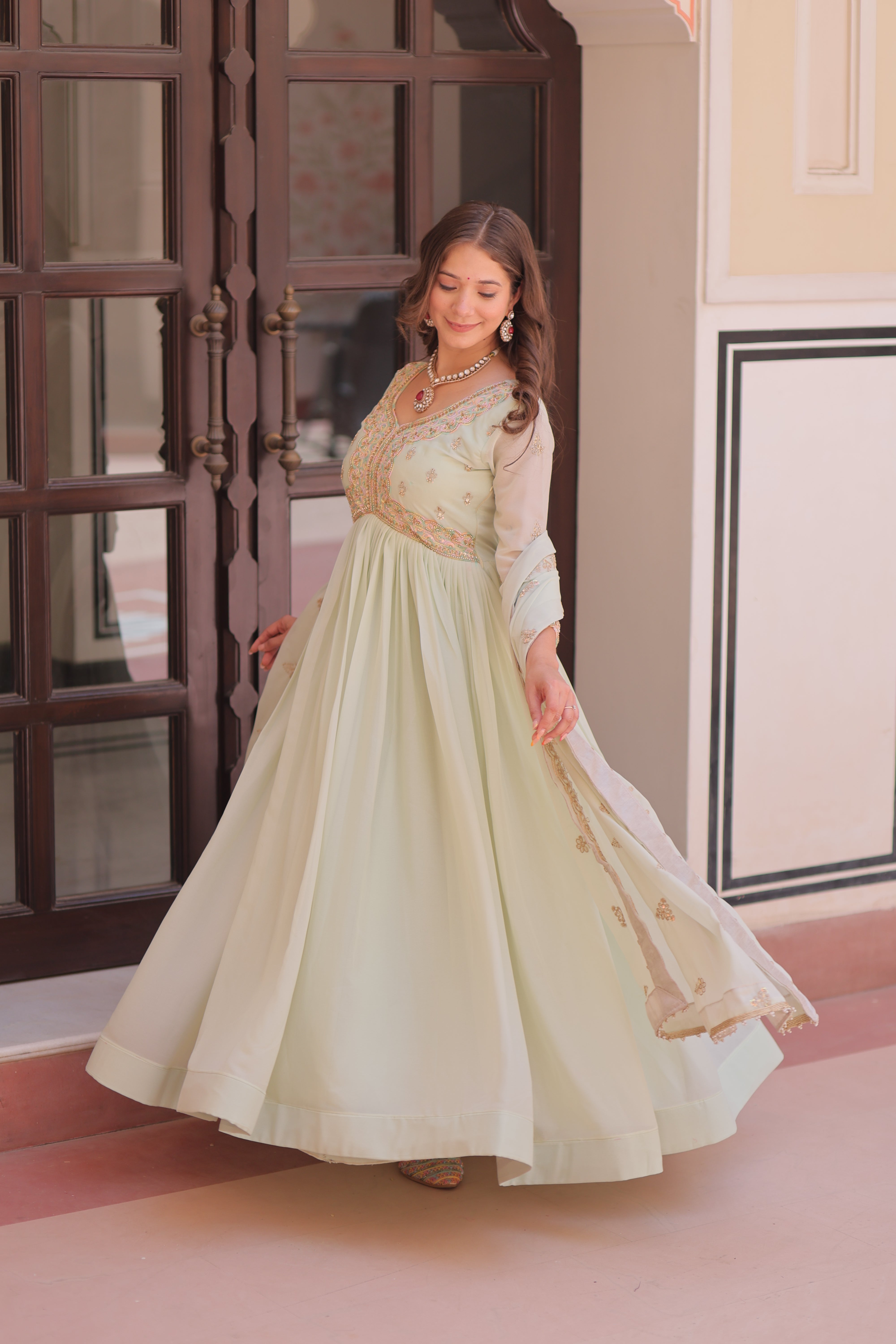Pista Color Festival Anarkali with Dupatta - Diwali Special Outfits for Women