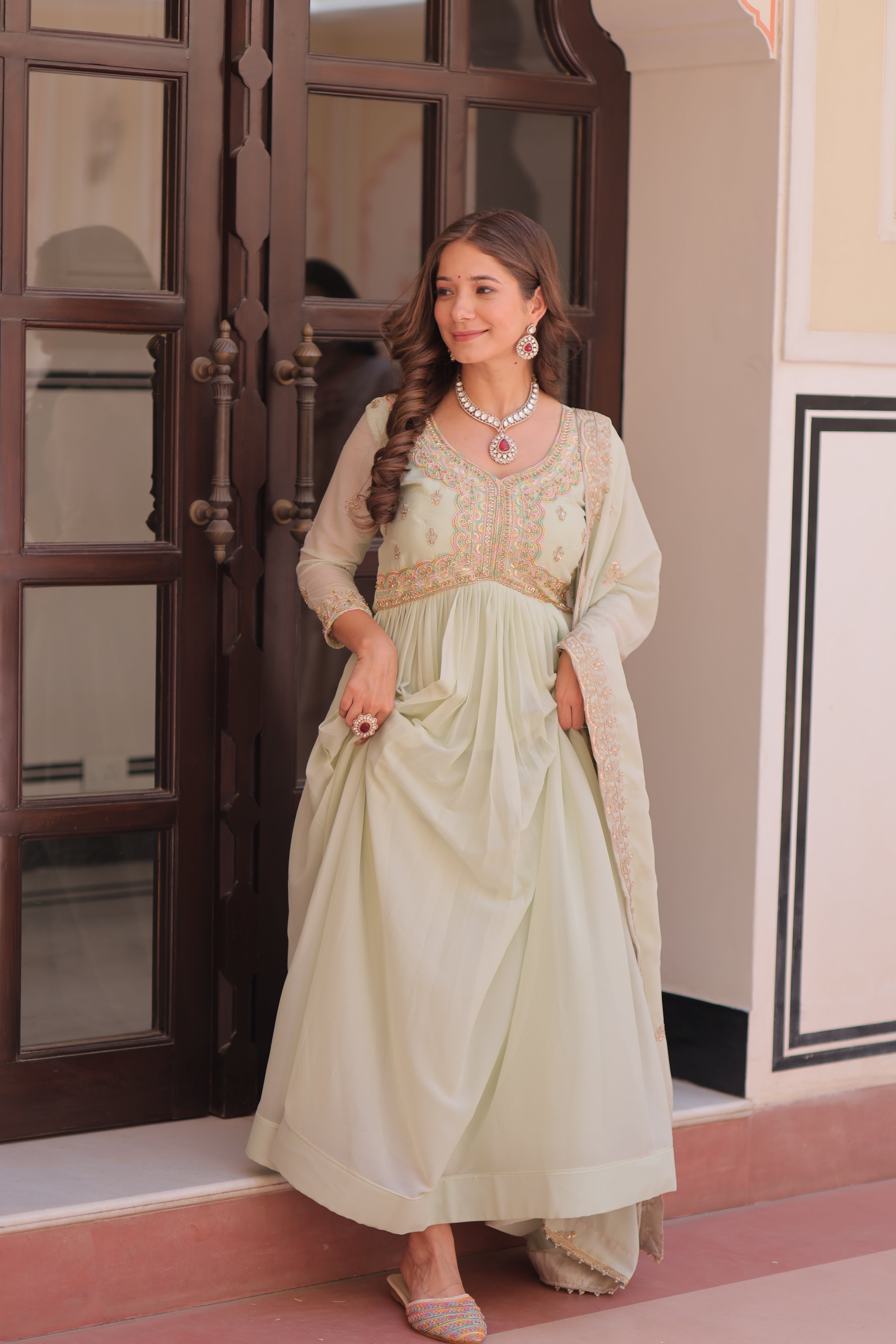 Pista Color Festival Anarkali with Dupatta - Diwali Special Outfits for Women