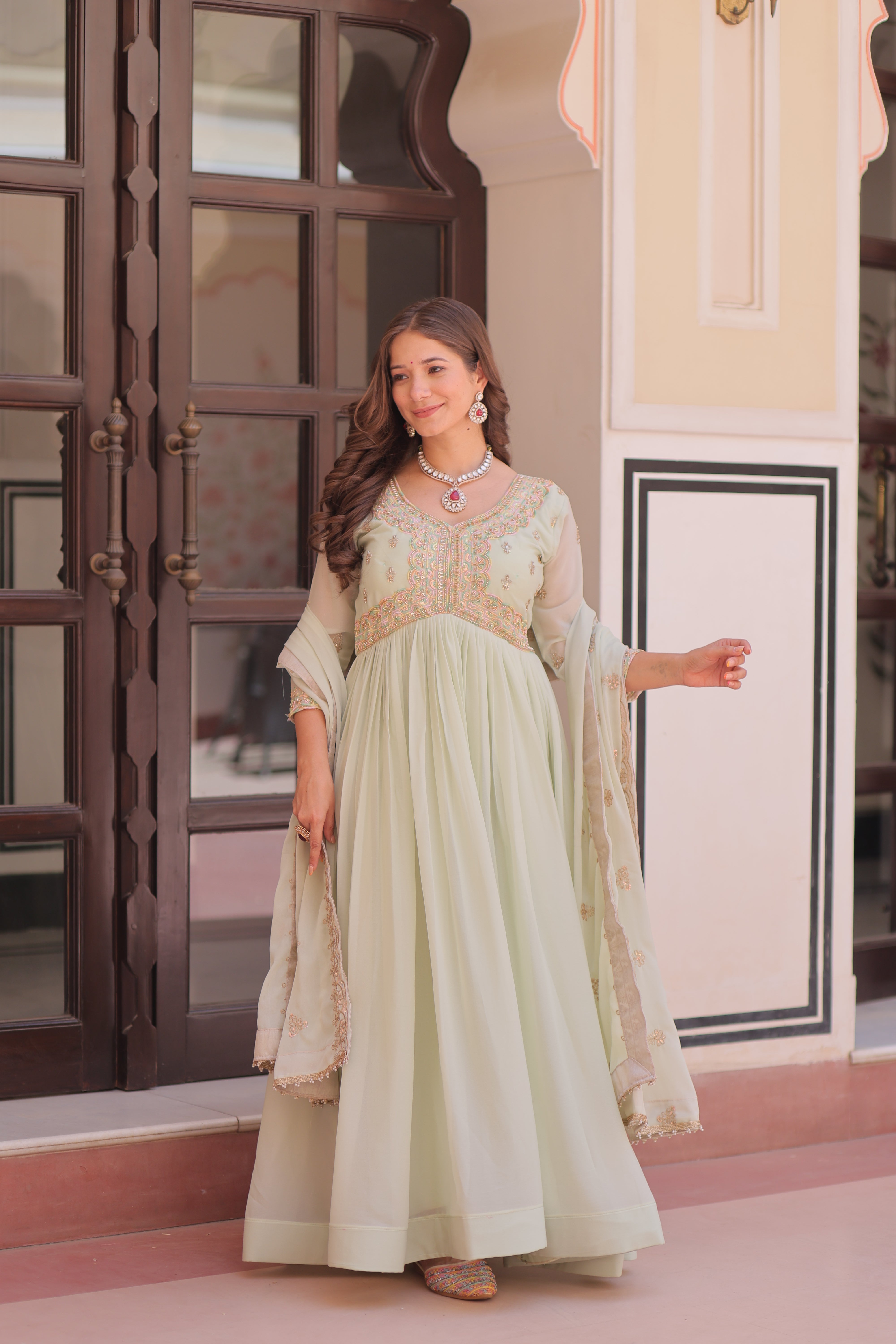 Pista Color Festival Anarkali with Dupatta - Diwali Special Outfits for Women