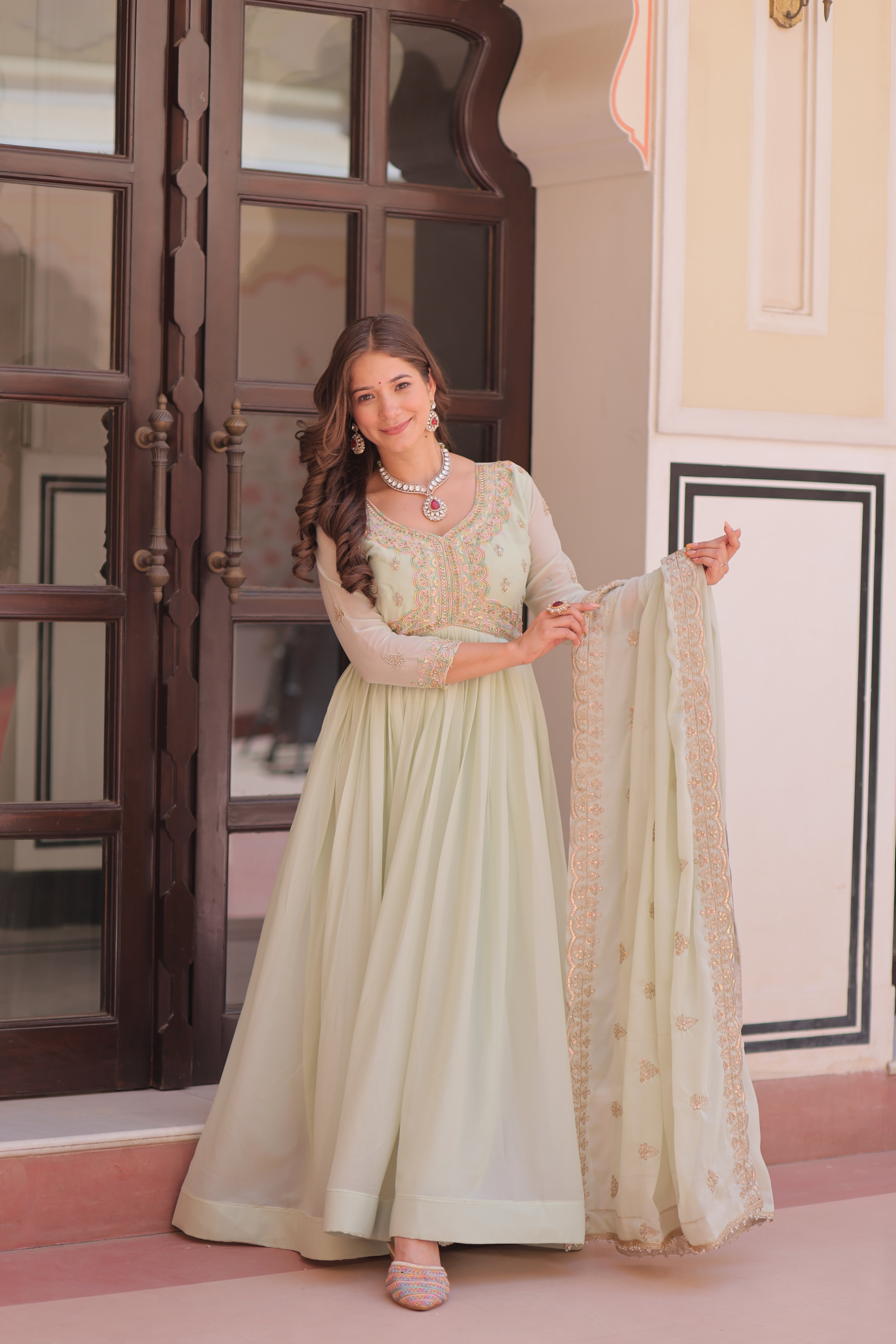 Pista Color Festival Anarkali with Dupatta - Diwali Special Outfits for Women