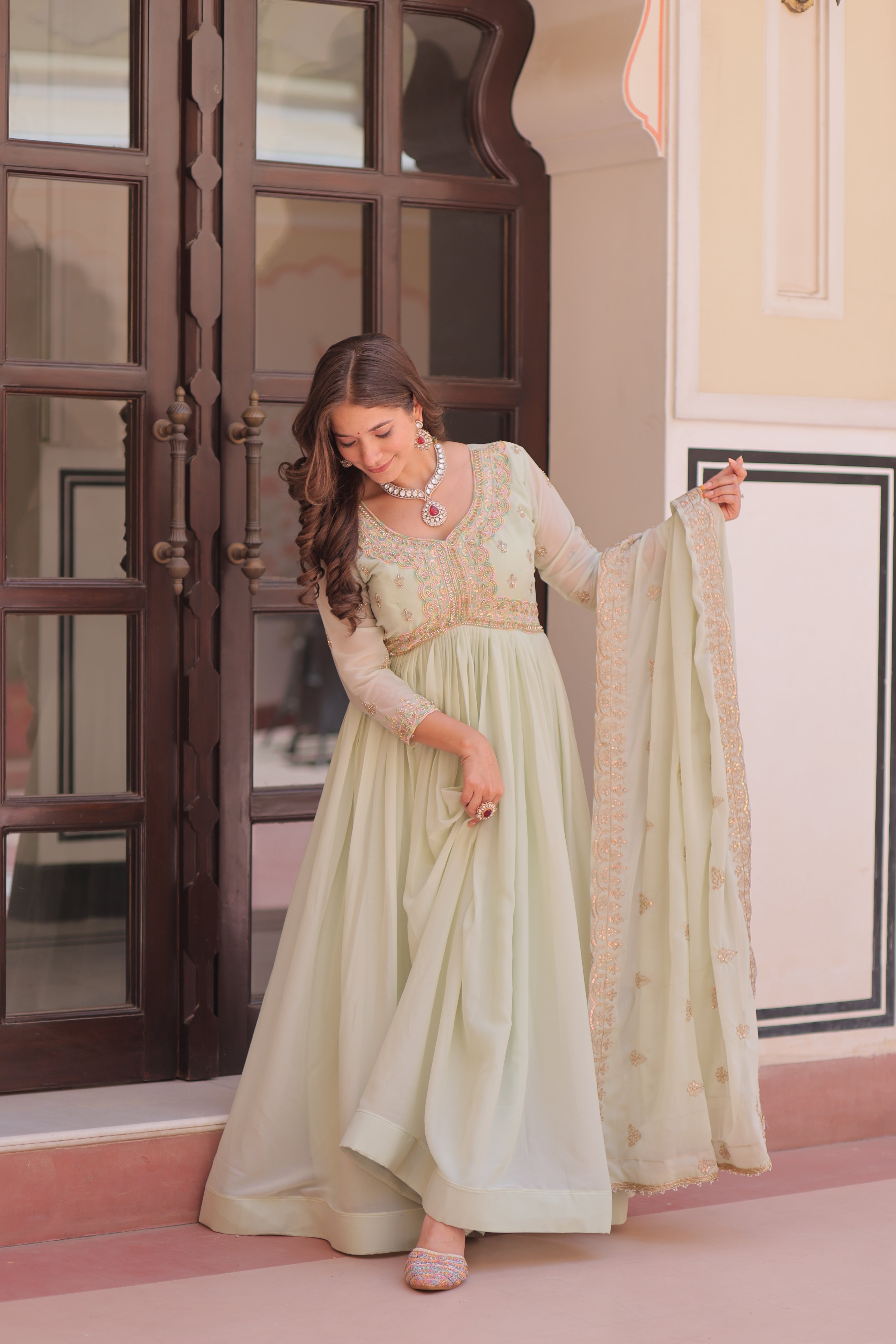 Pista Color Festival Anarkali with Dupatta - Diwali Special Outfits for Women
