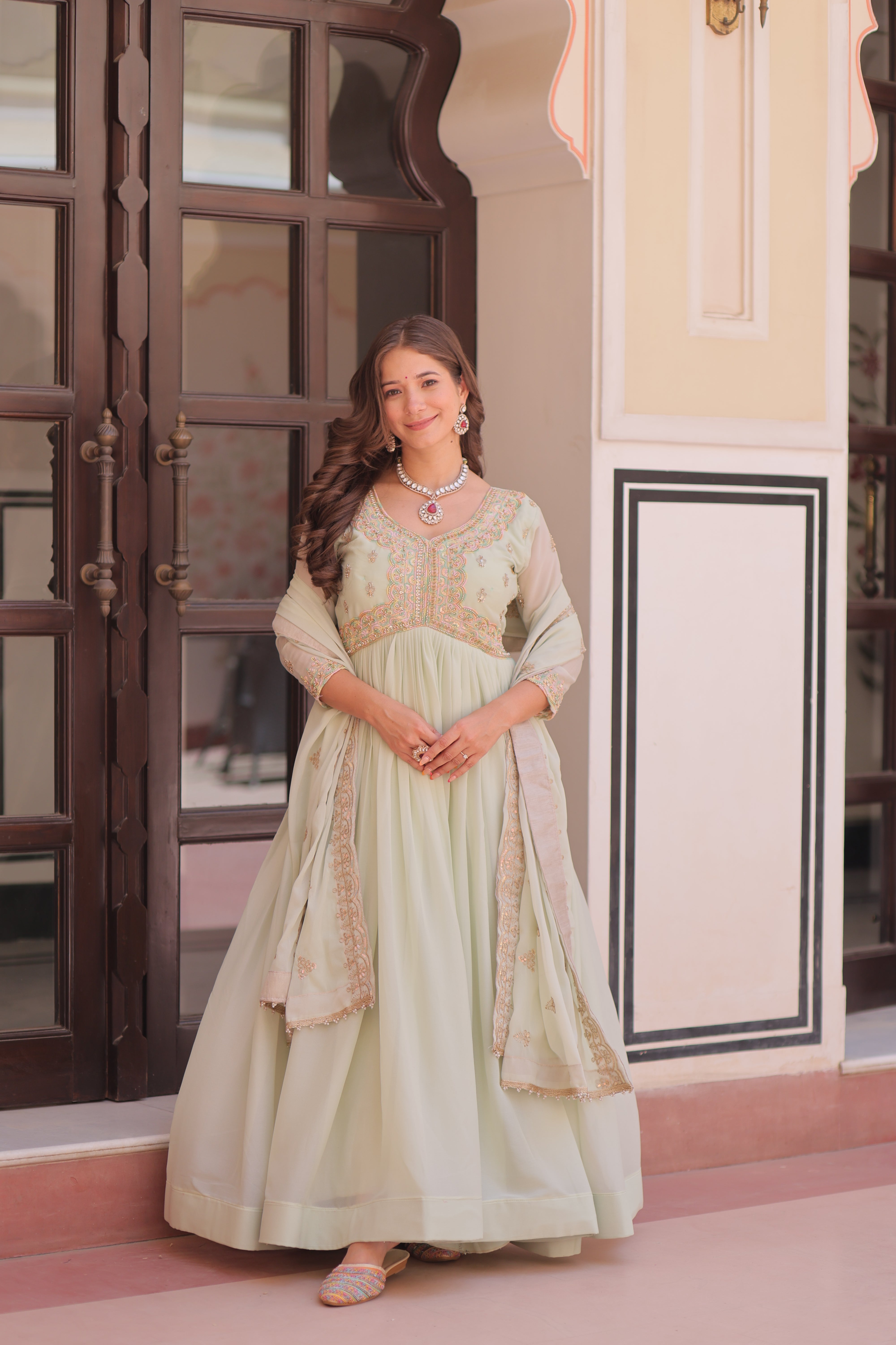 Pista Color Festival Anarkali with Dupatta - Diwali Special Outfits for Women