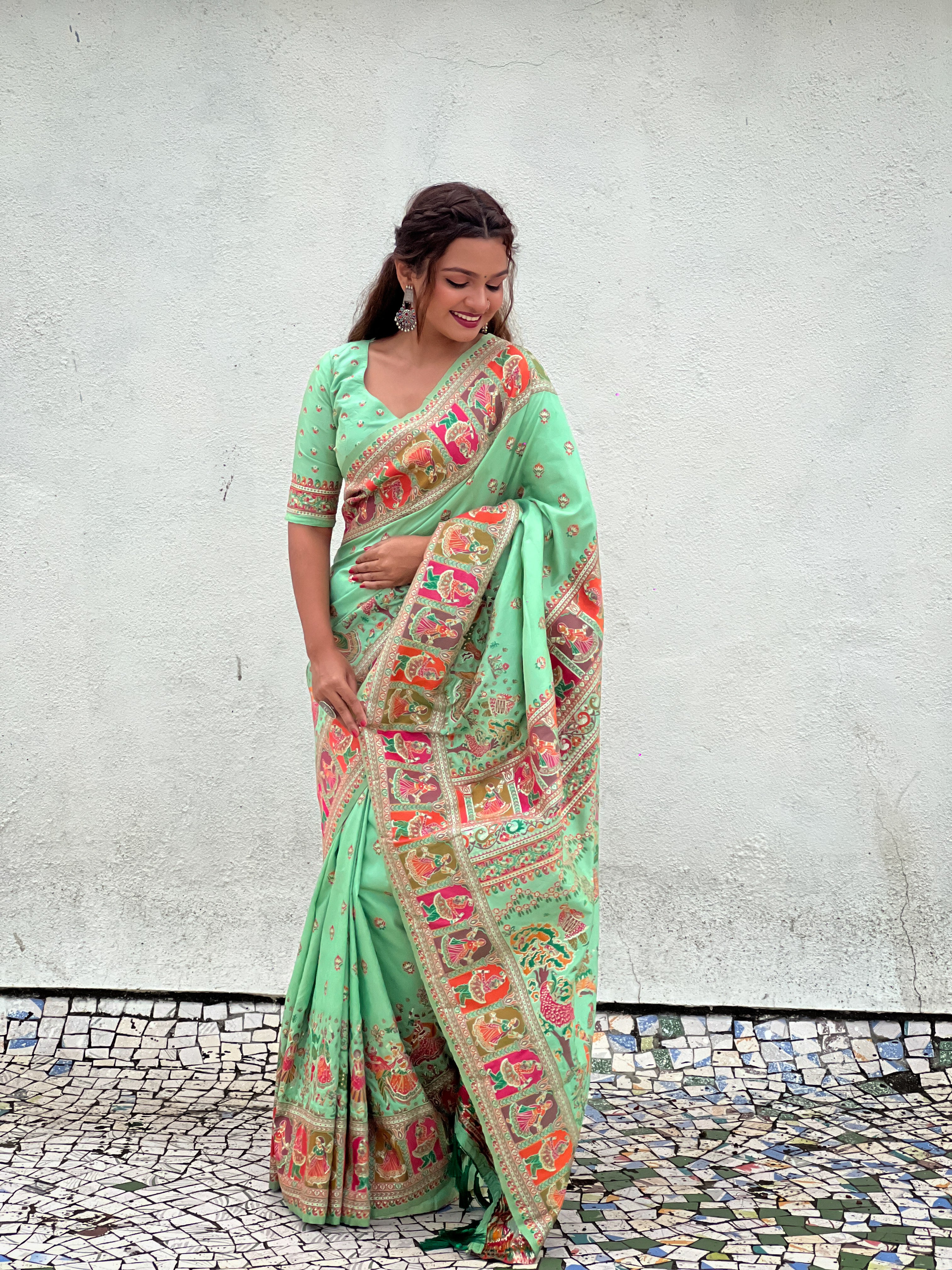 Pista Pashmina Kashmiri Silk Zari Woven Saree