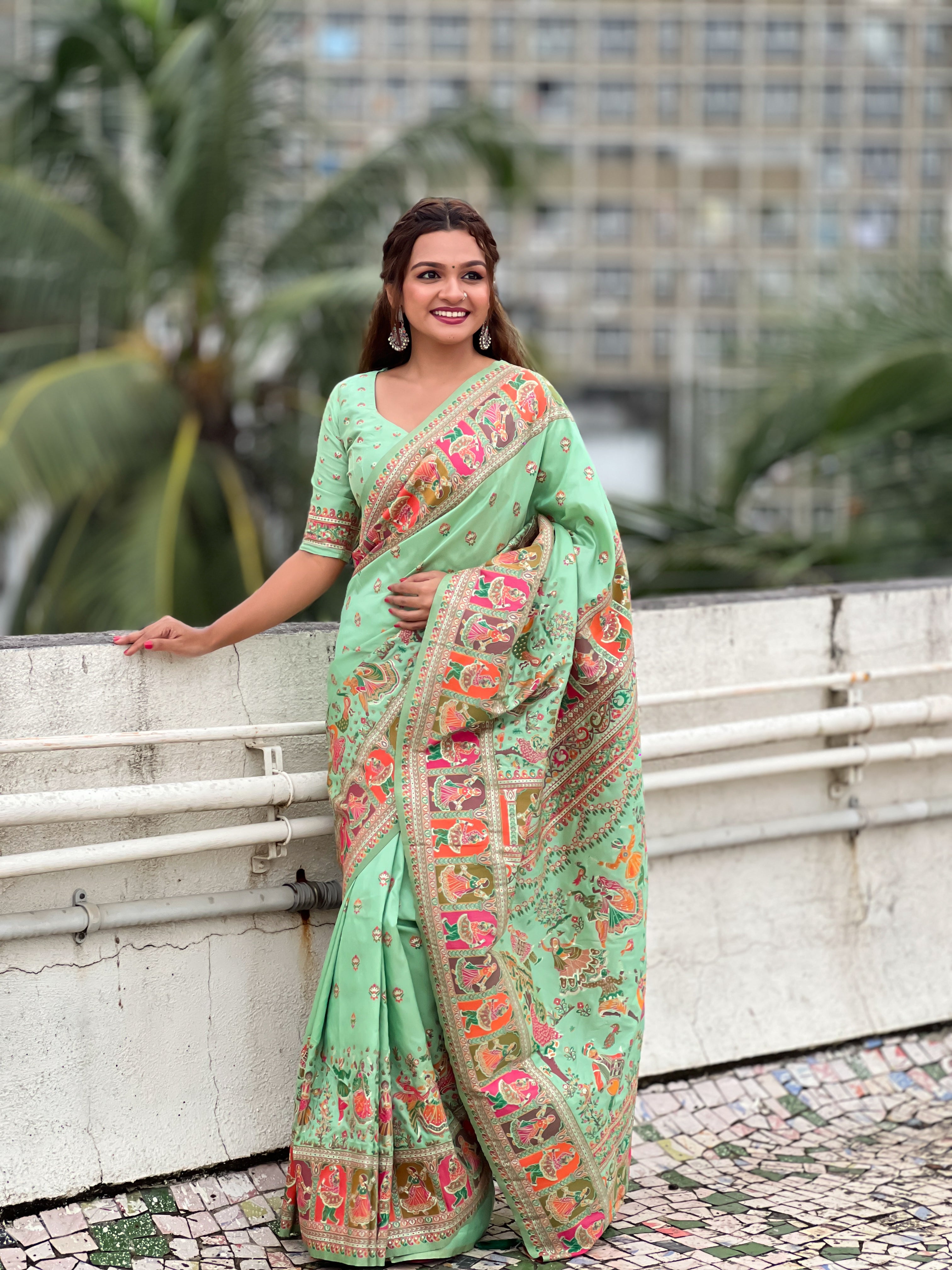 Pista Pashmina Kashmiri Silk Zari Woven Saree