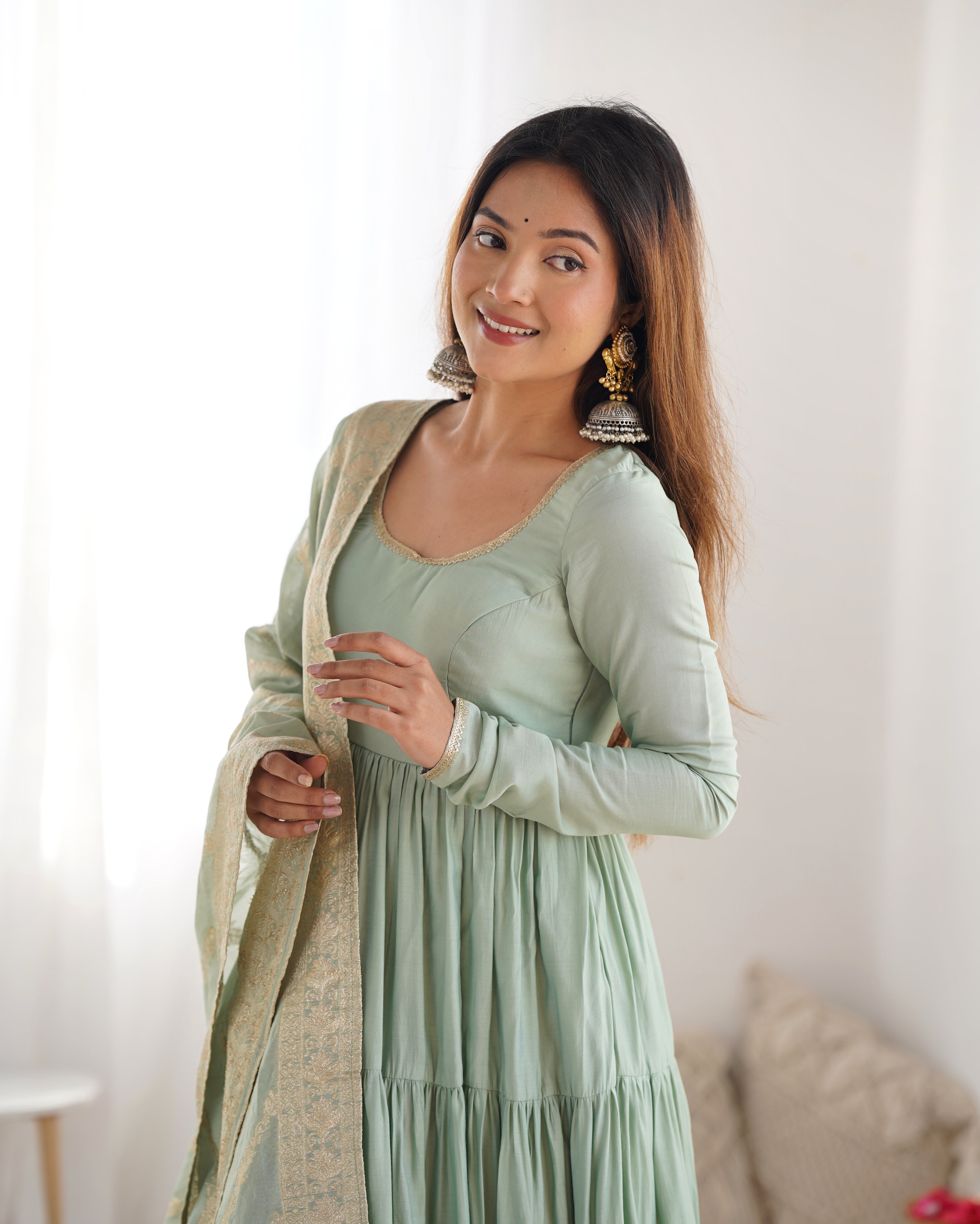 Pista Roman Silk Chanderi Anarkali Gown