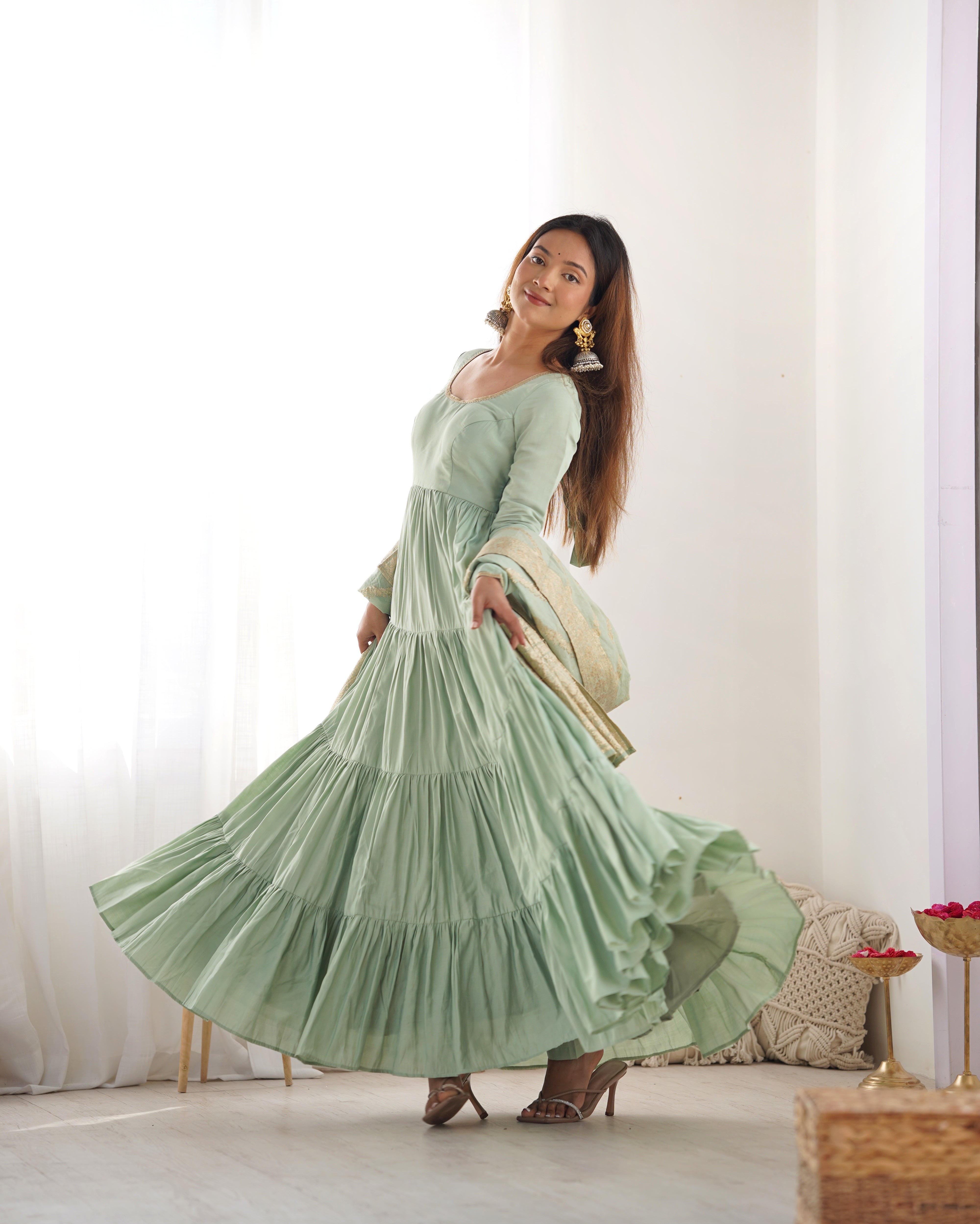 Pista Roman Silk Chanderi Anarkali Gown