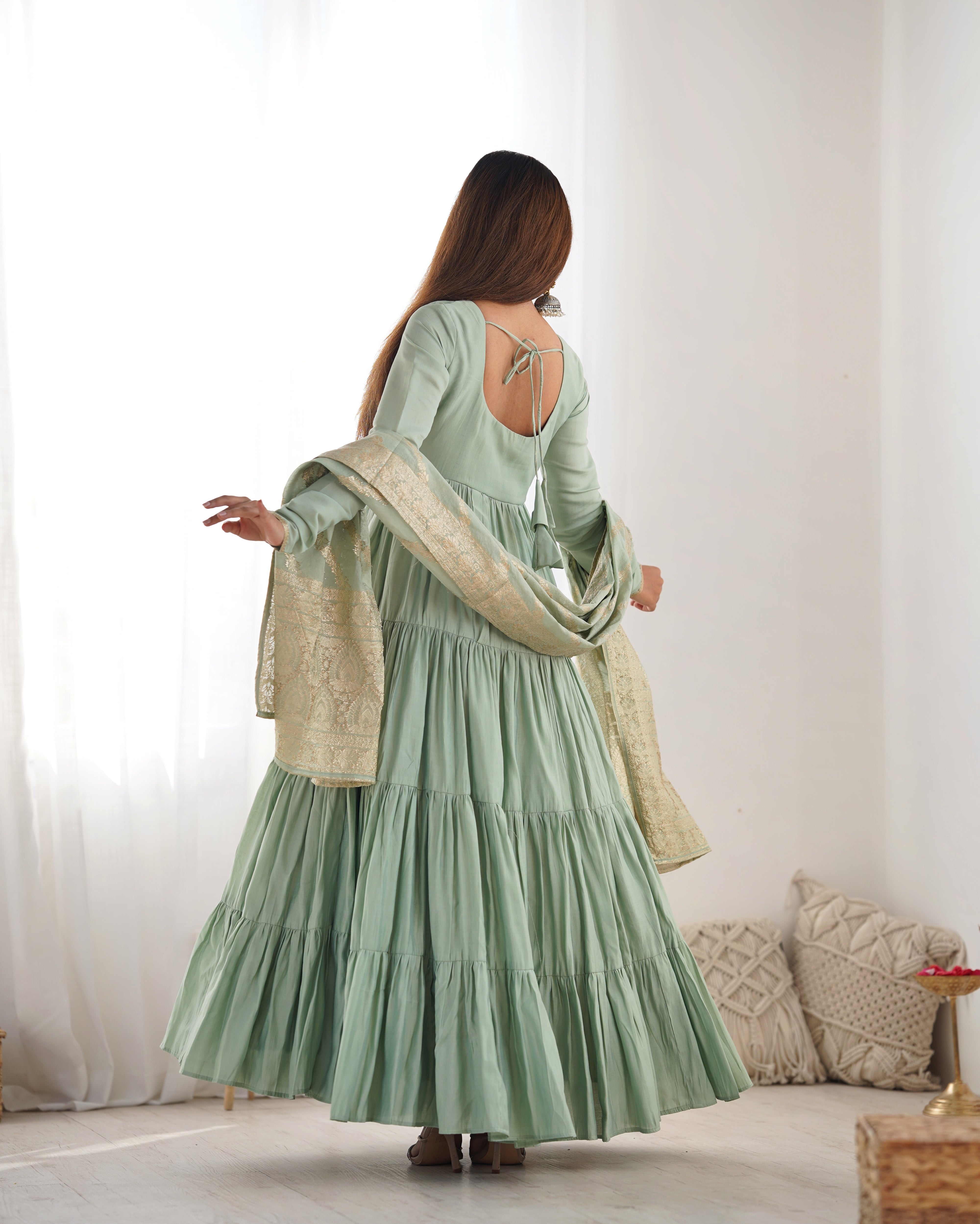 Pista Roman Silk Chanderi Anarkali Gown