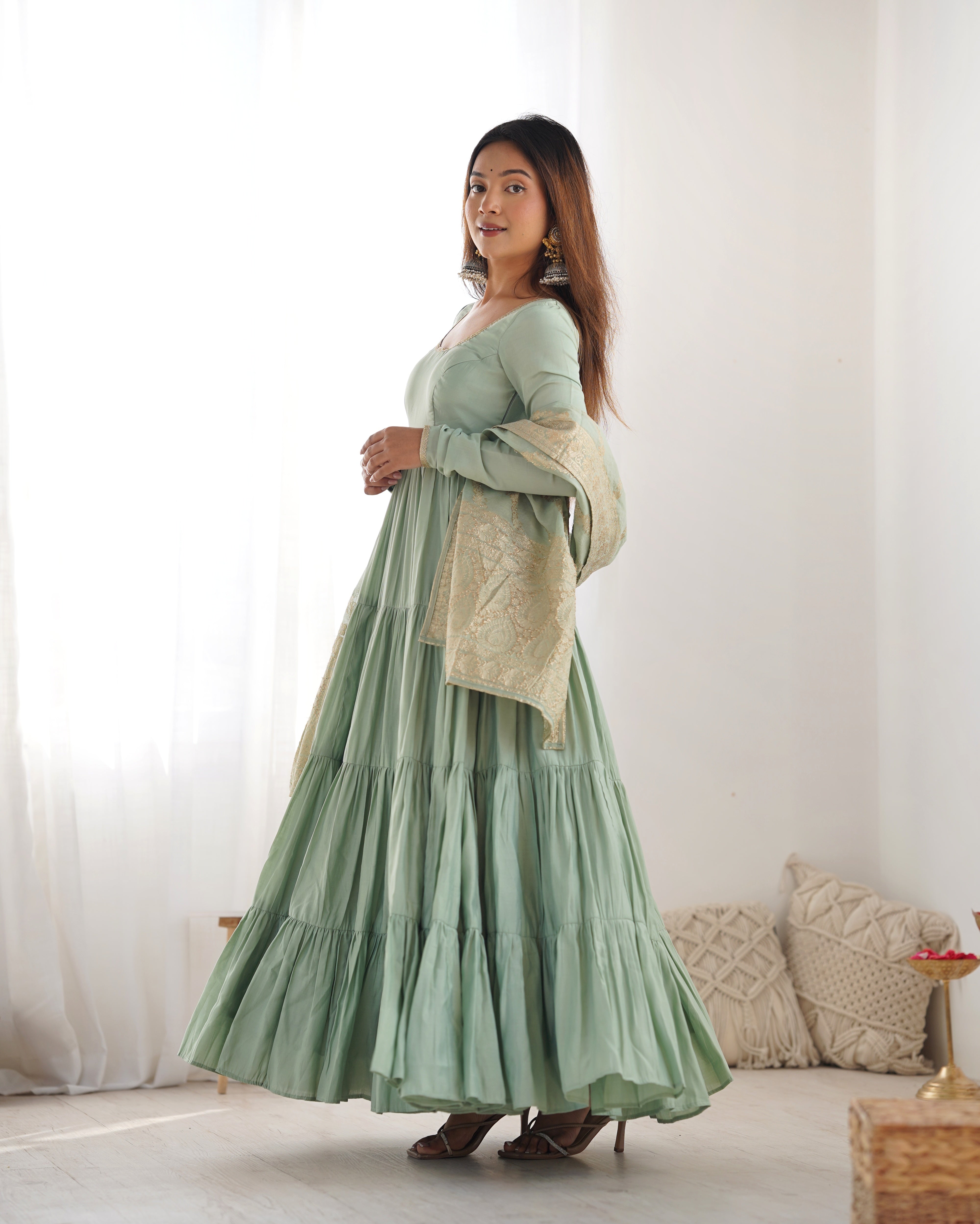 Pista Roman Silk Chanderi Anarkali Gown