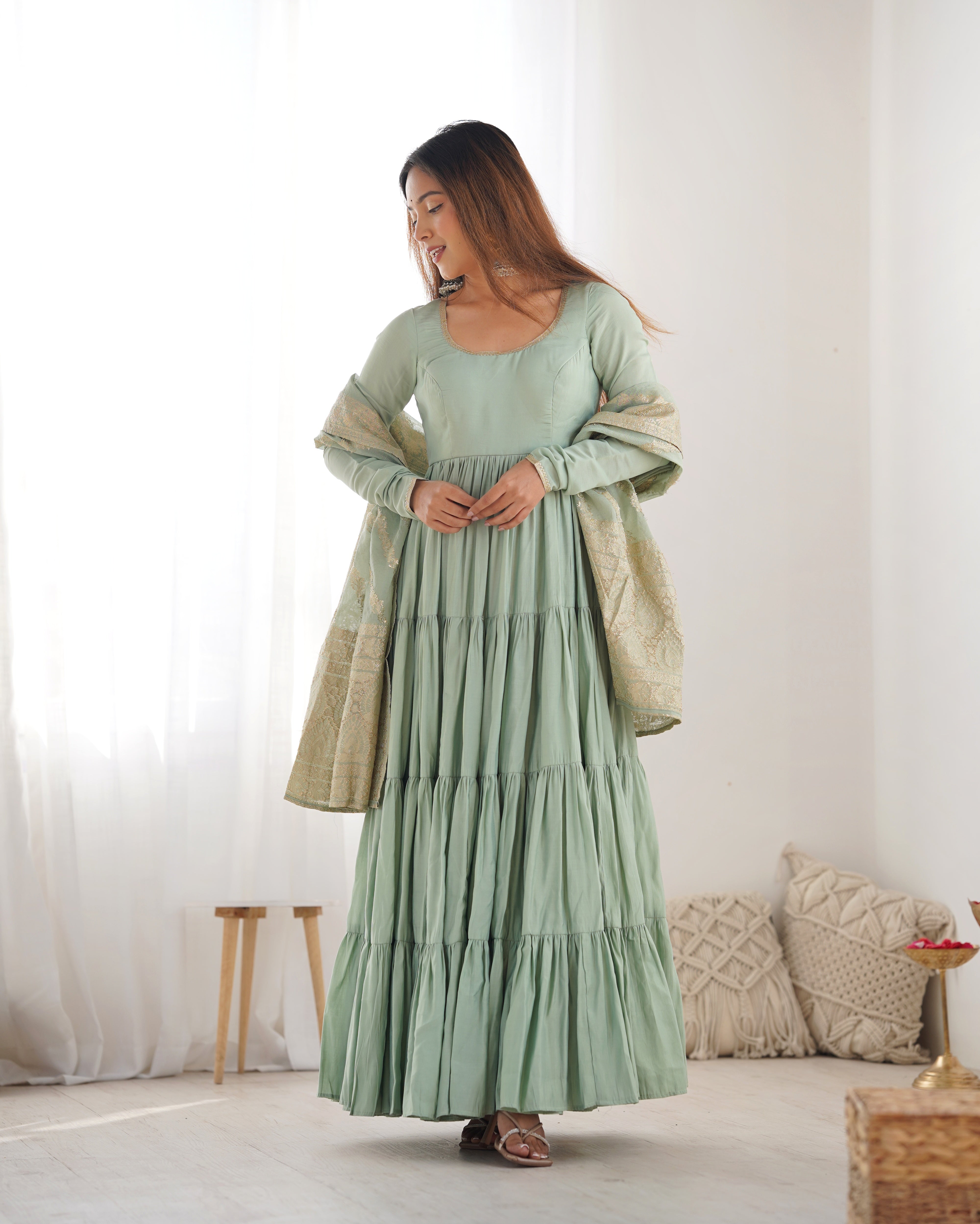 Pista Roman Silk Chanderi Anarkali Gown