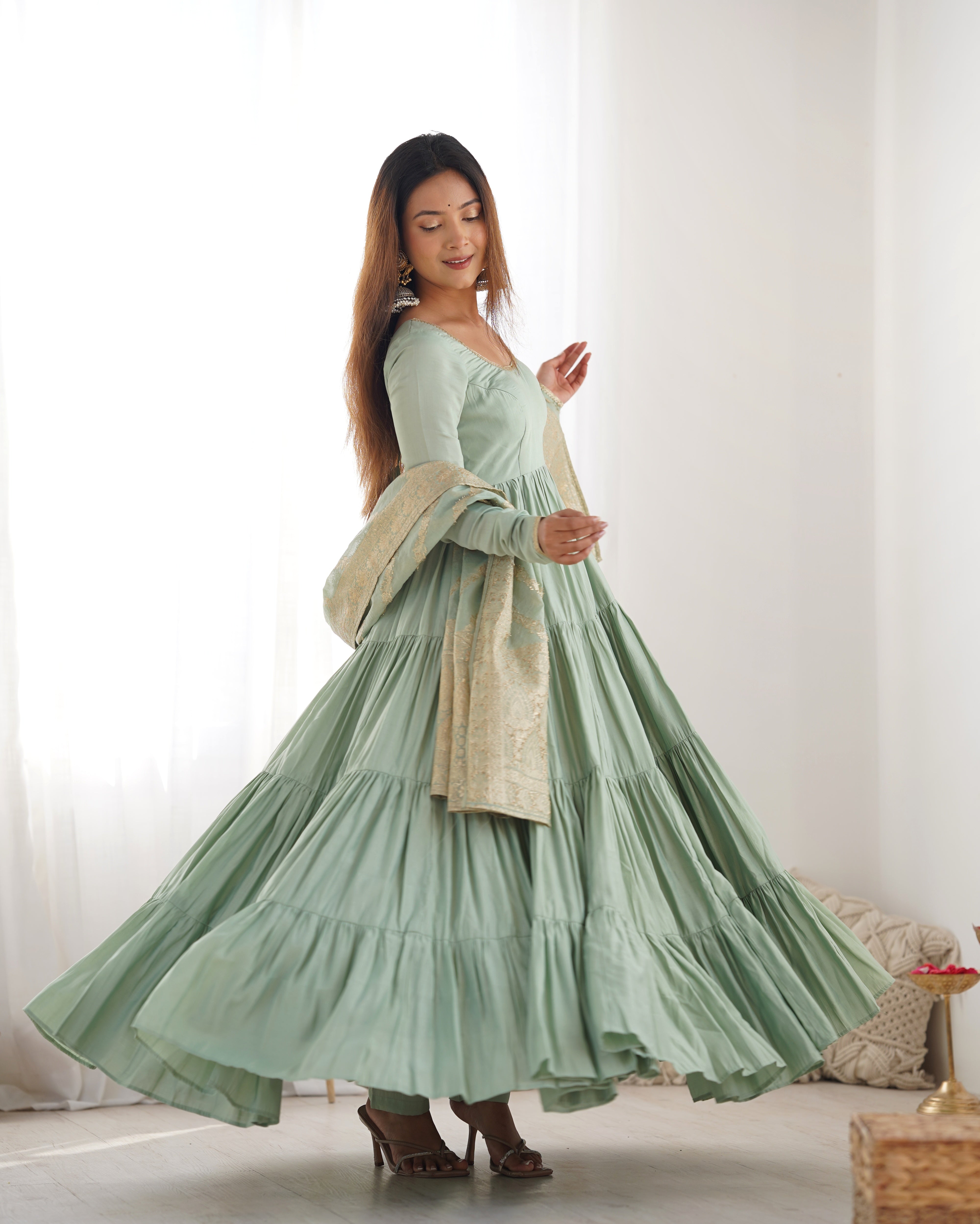 Pista Roman Silk Chanderi Anarkali Gown