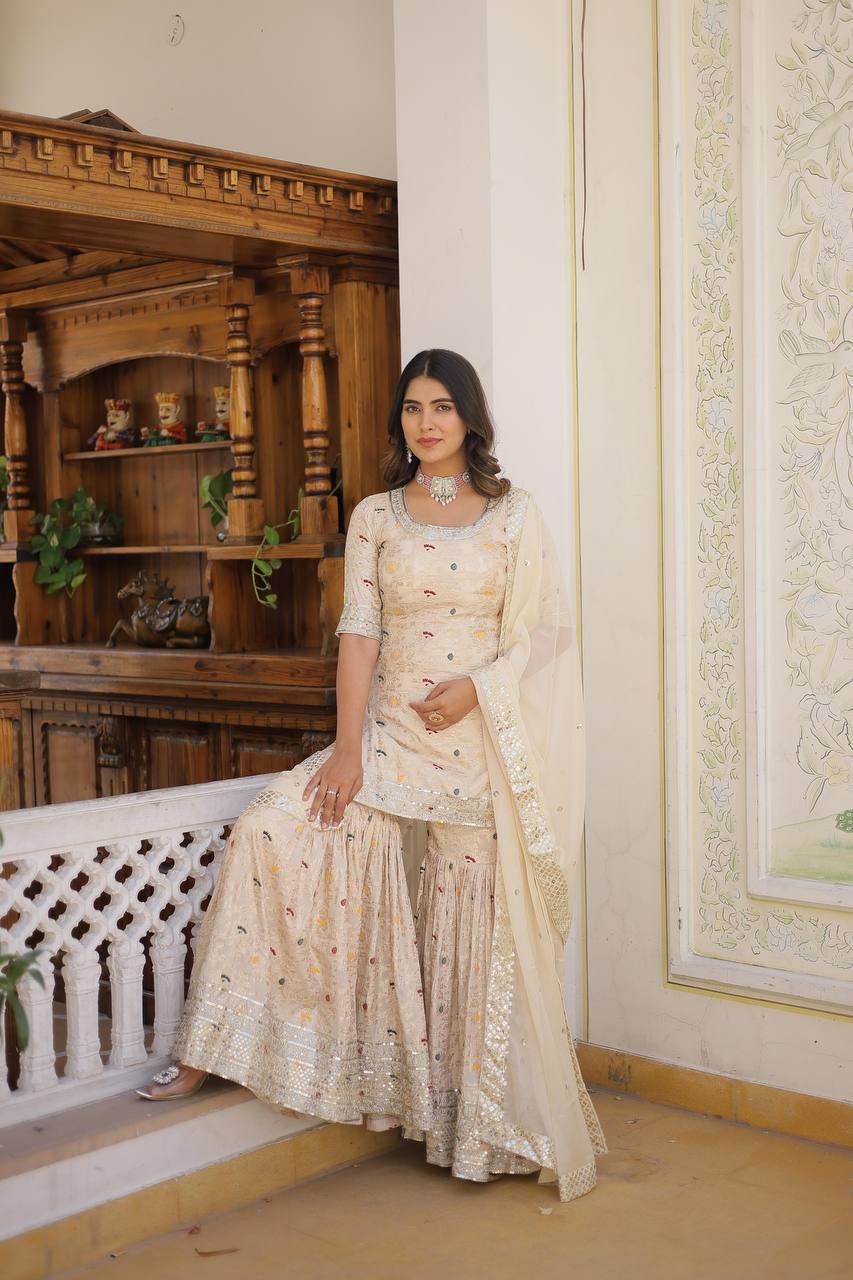 Premium Designer Redymade Off White Gharara Suit-3