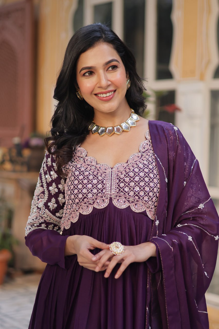 Purpel Embroidery Full Sleeves Long Gown