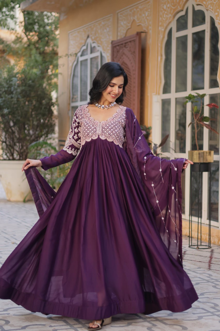 Purpel Embroidery Full Sleeves Long Gown