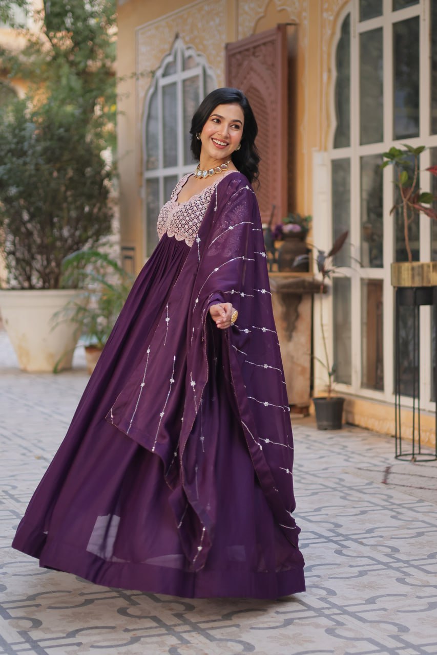 Purpel Embroidery Full Sleeves Long Gown