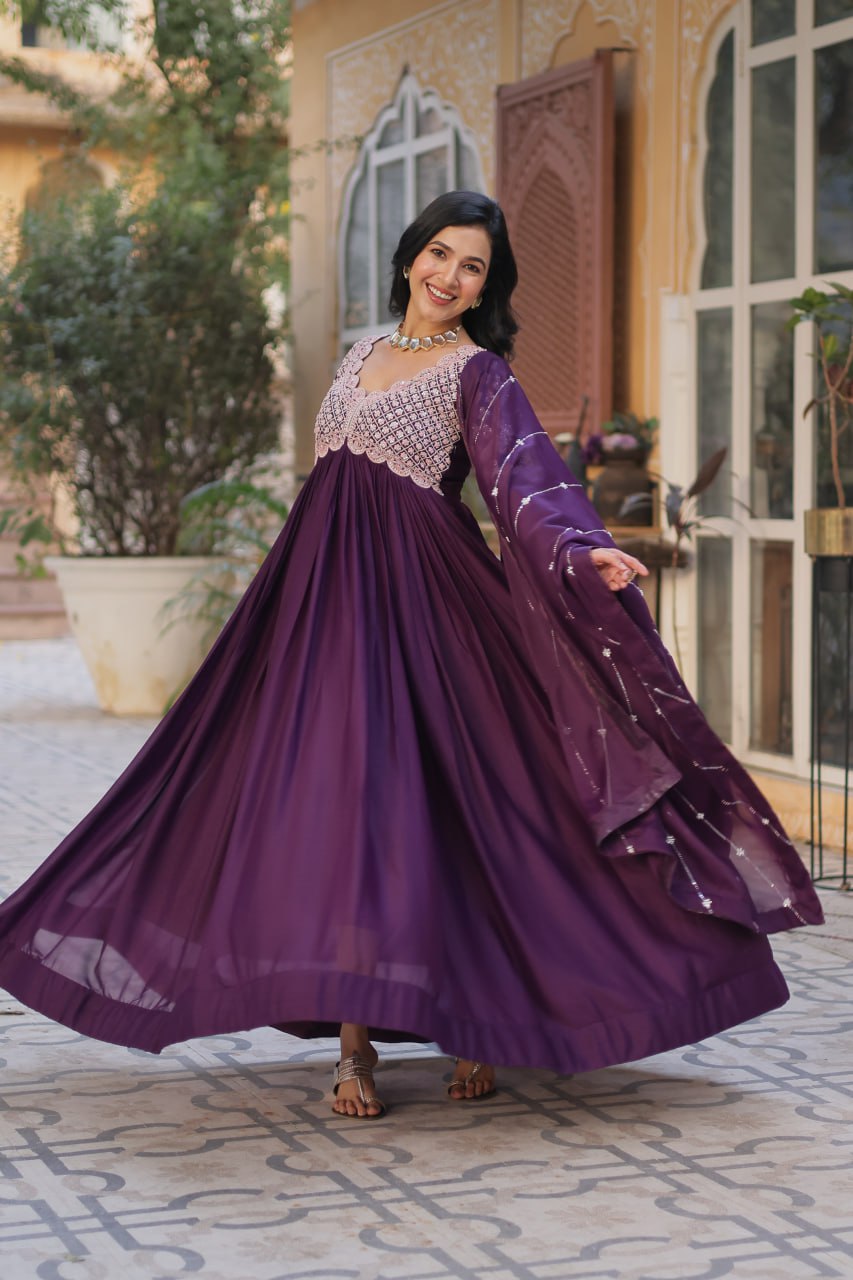 Purpel Embroidery Full Sleeves Long Gown