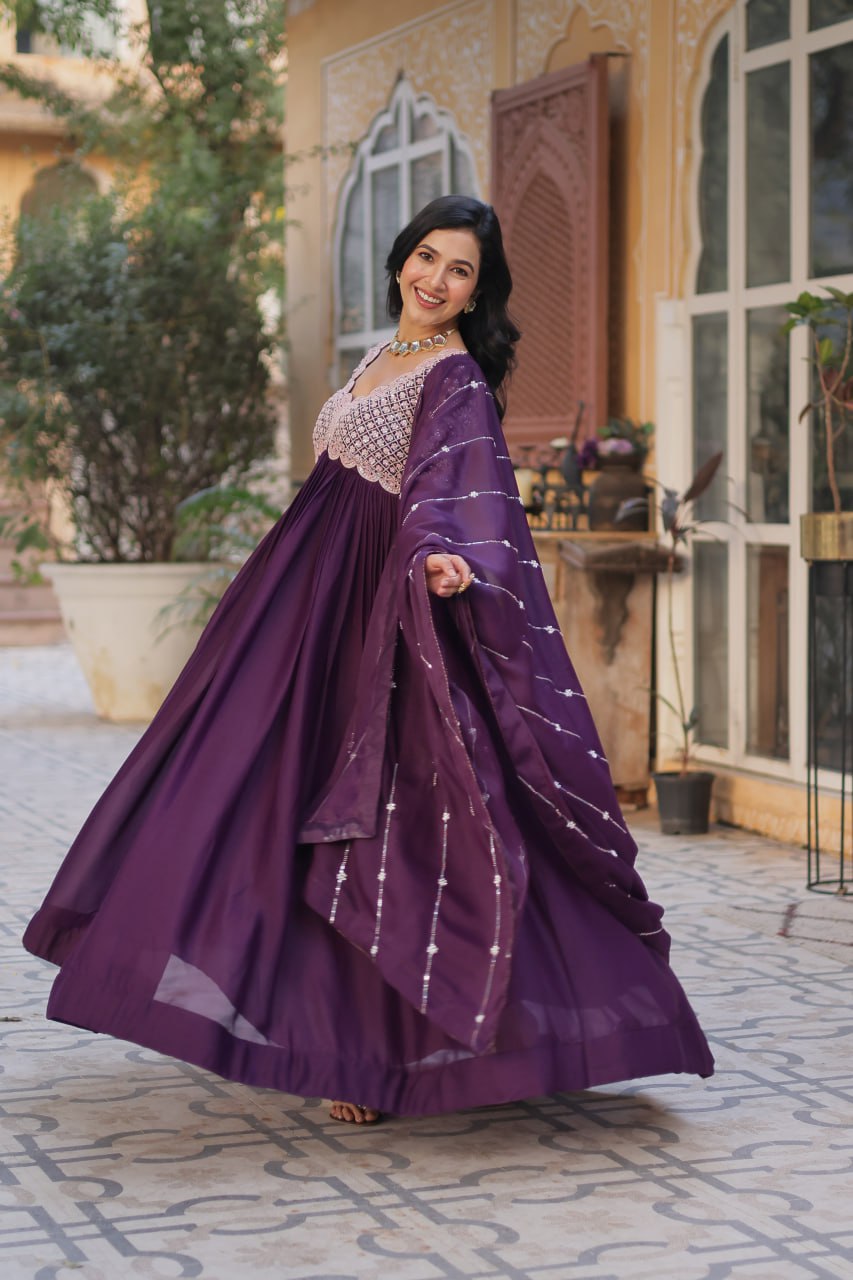 Purpel Embroidery Full Sleeves Long Gown