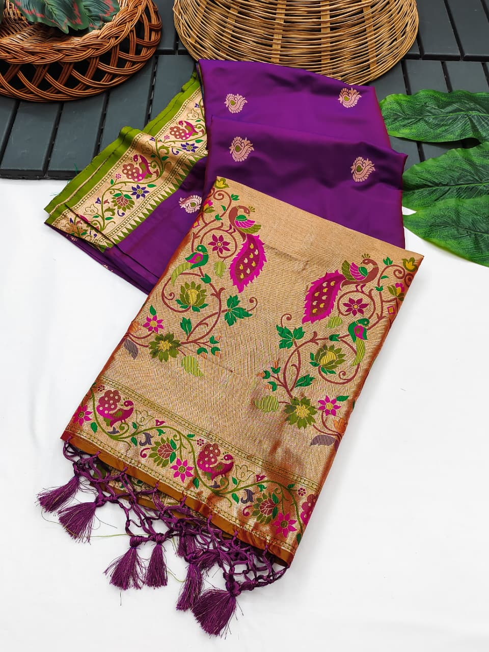 Purple Banarasi Paithani Silk Saree with Zari Pallu | Soft Silk Saree – Nardev Fashion
