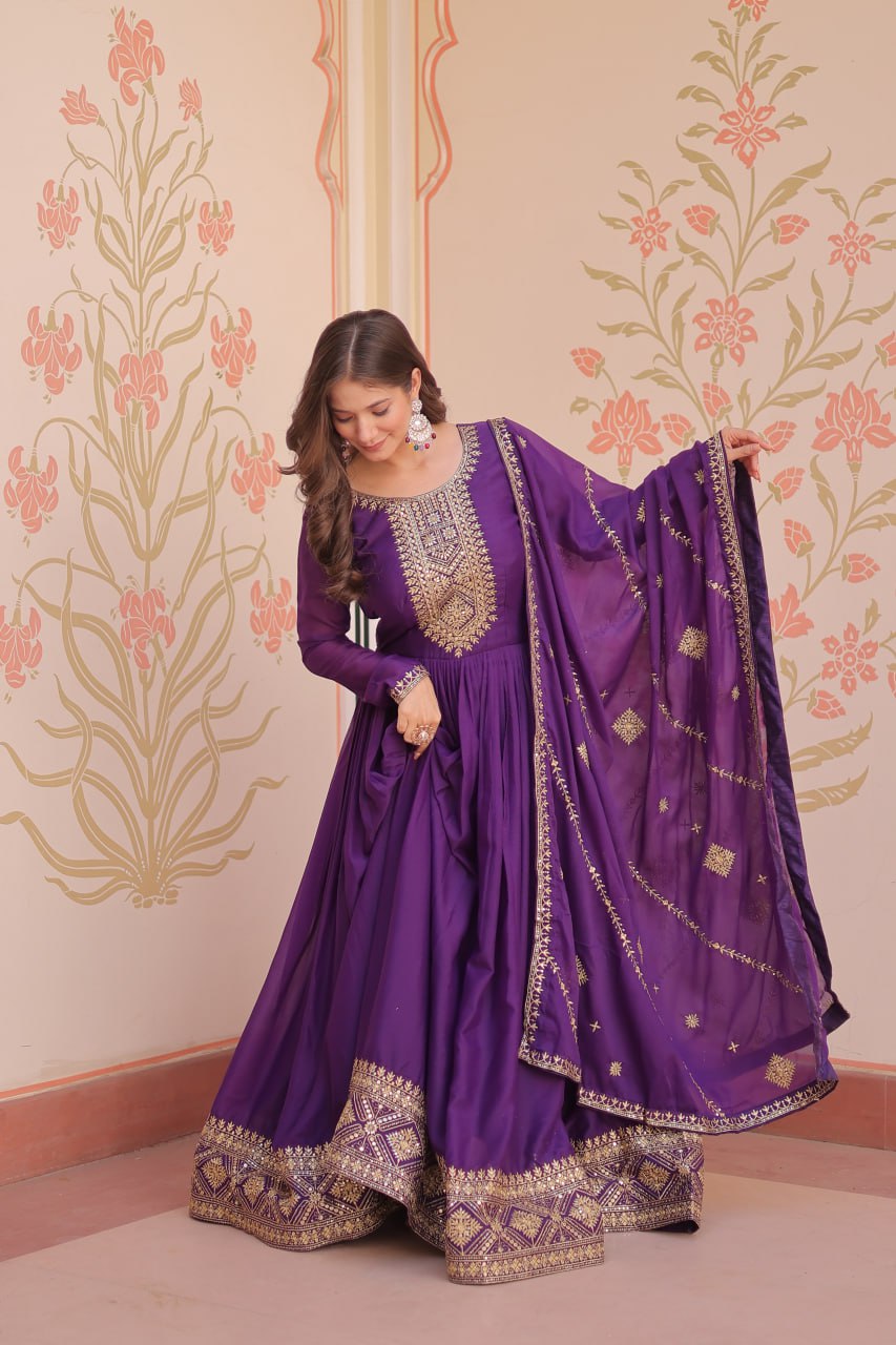 Purple Festival & Wedding Designer Gown Set with Dupatta | Nardev Fashion