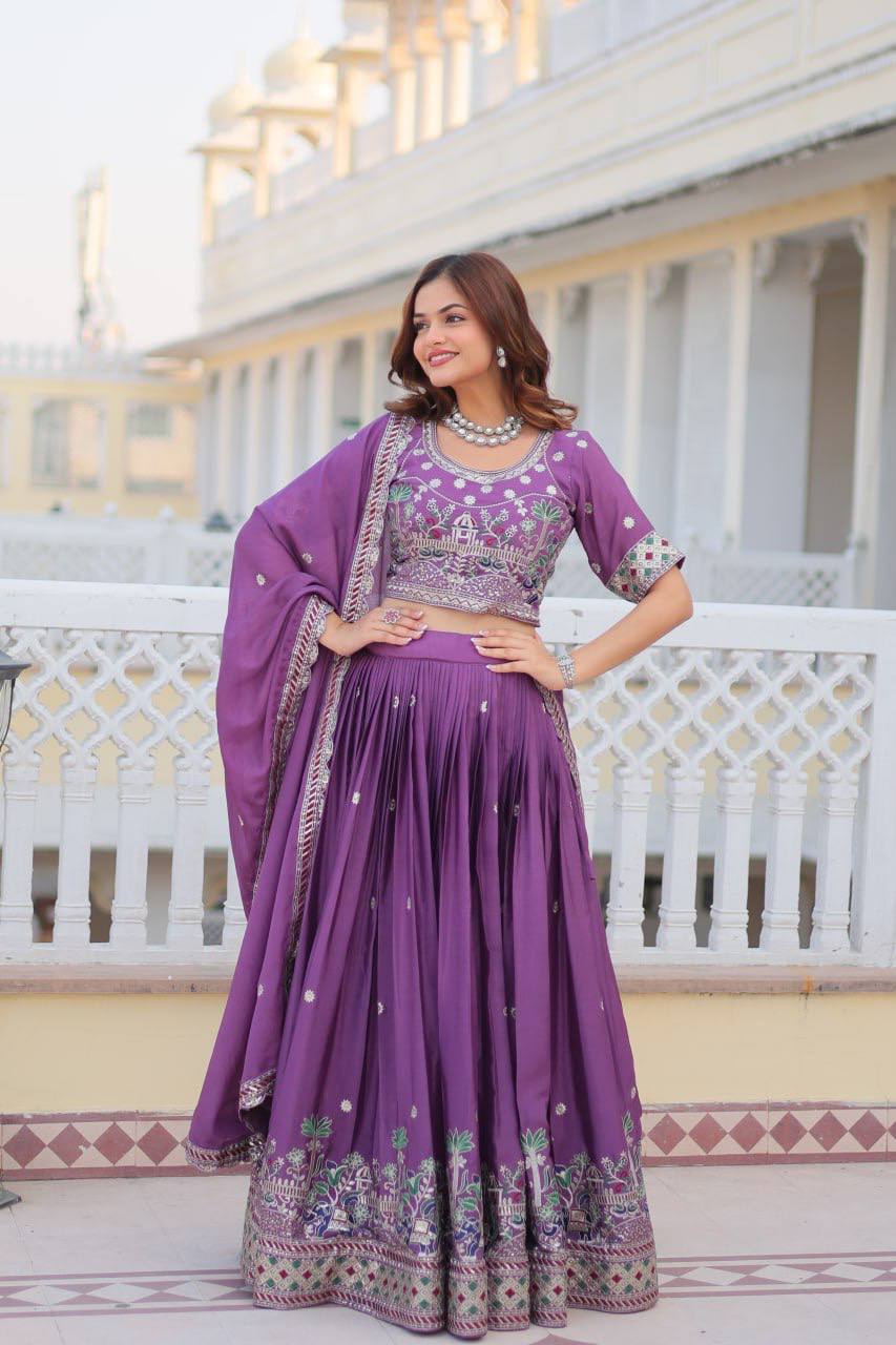 Purple Chinon Wedding Wear Lehenga Choli