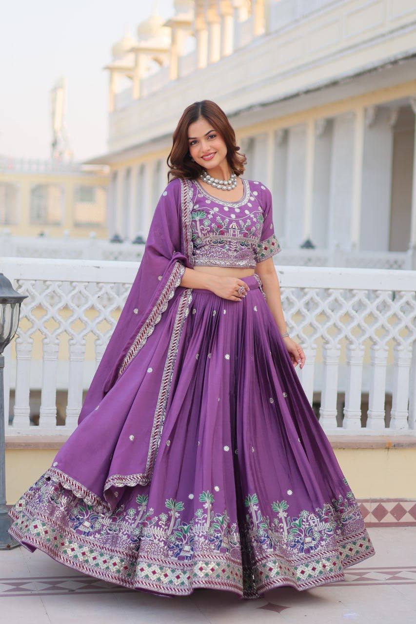 Purple Chinon Wedding Wear Lehenga Choli