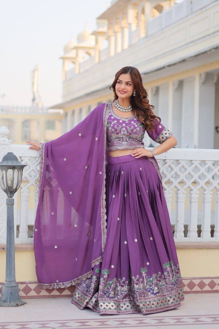 Purple Chinon Wedding Wear Lehenga Choli