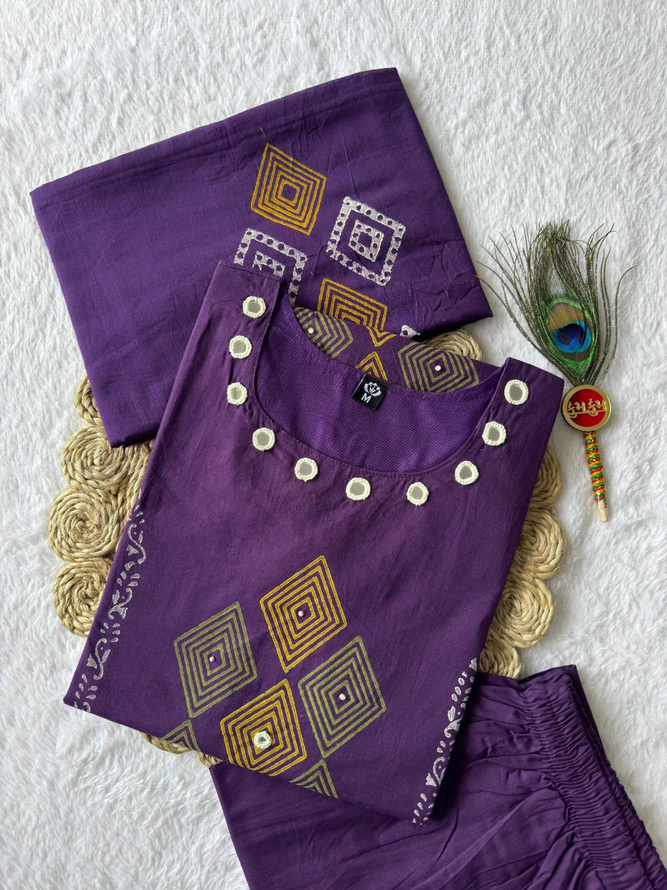 Purple Color Cotton A-Line Kurti Pant Dupatta Set | Nardev Fashion