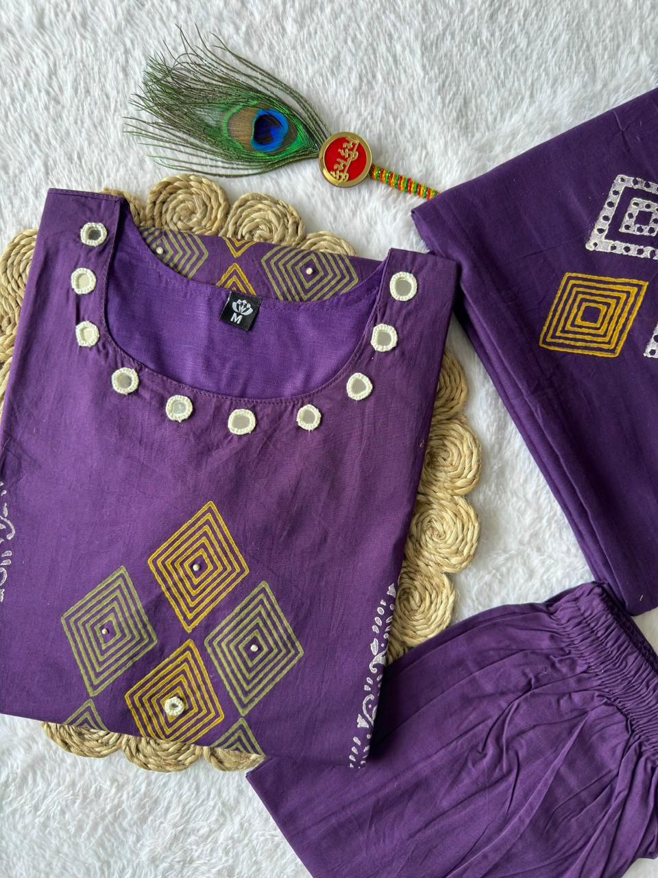 Purple Color Cotton A-Line Kurti Pant Dupatta Set | Nardev Fashion